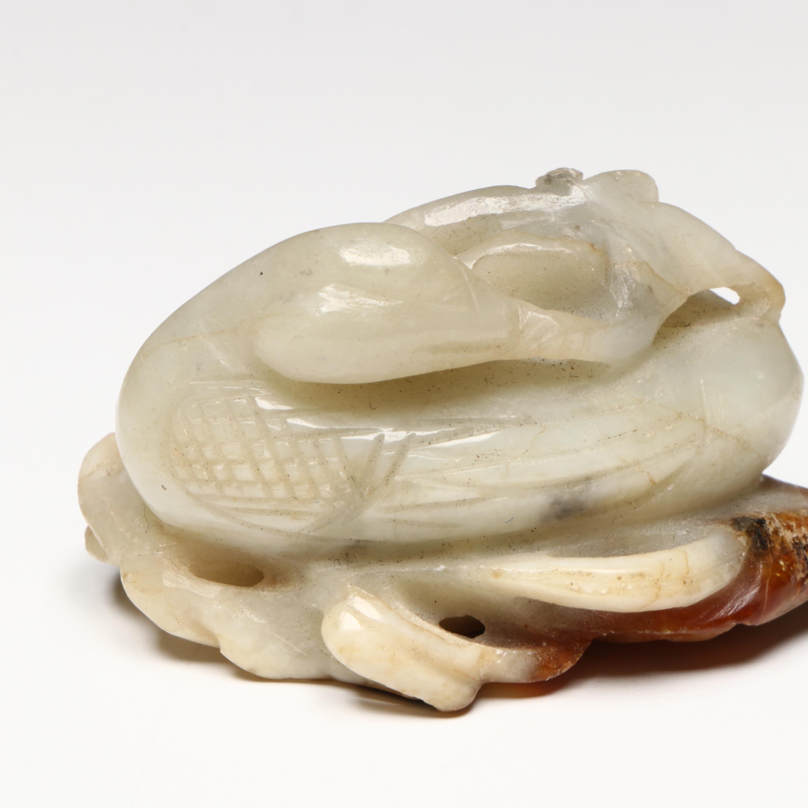 Antique Chinese Carved Jade Duck with Flowers