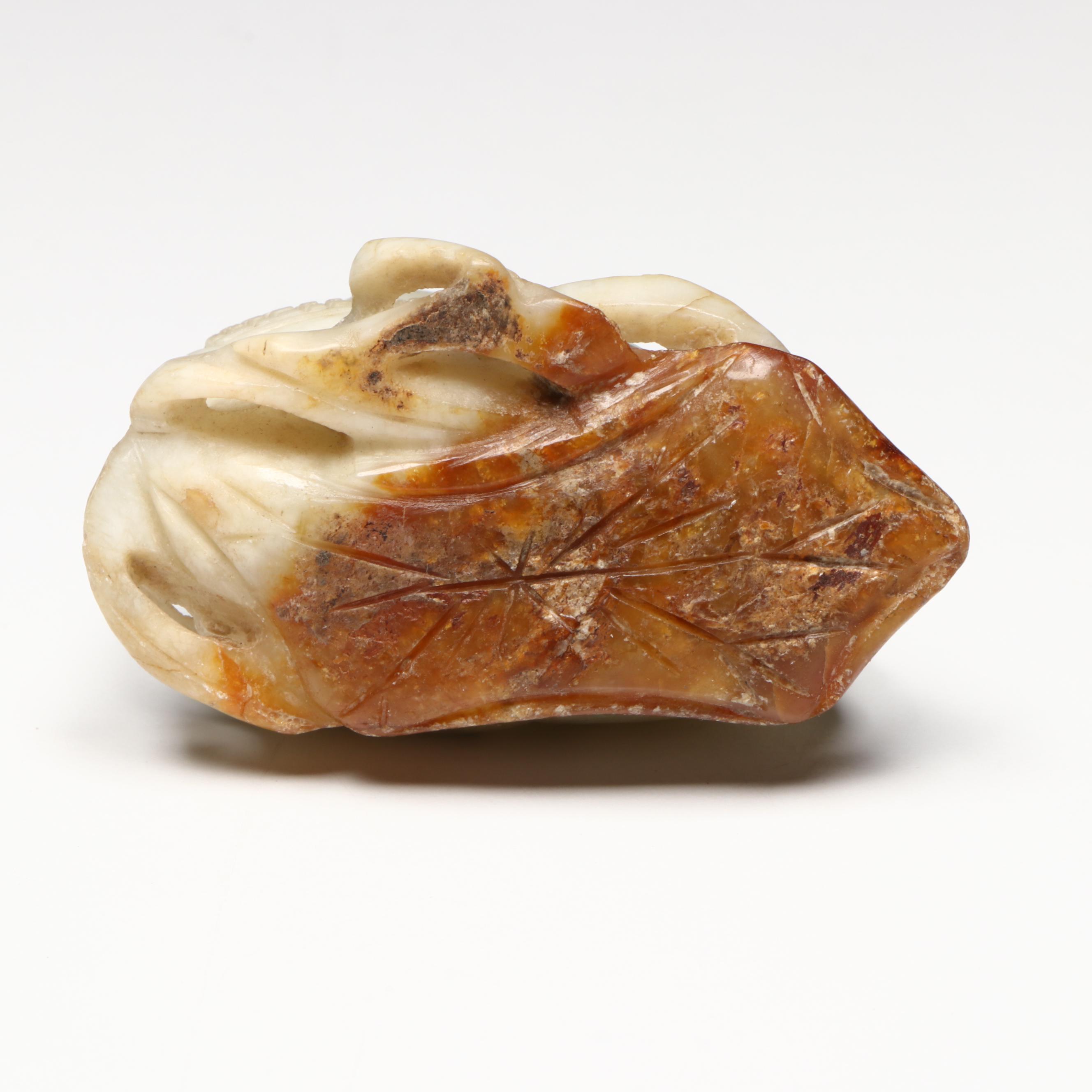 Antique Chinese Carved Jade Duck with Flowers