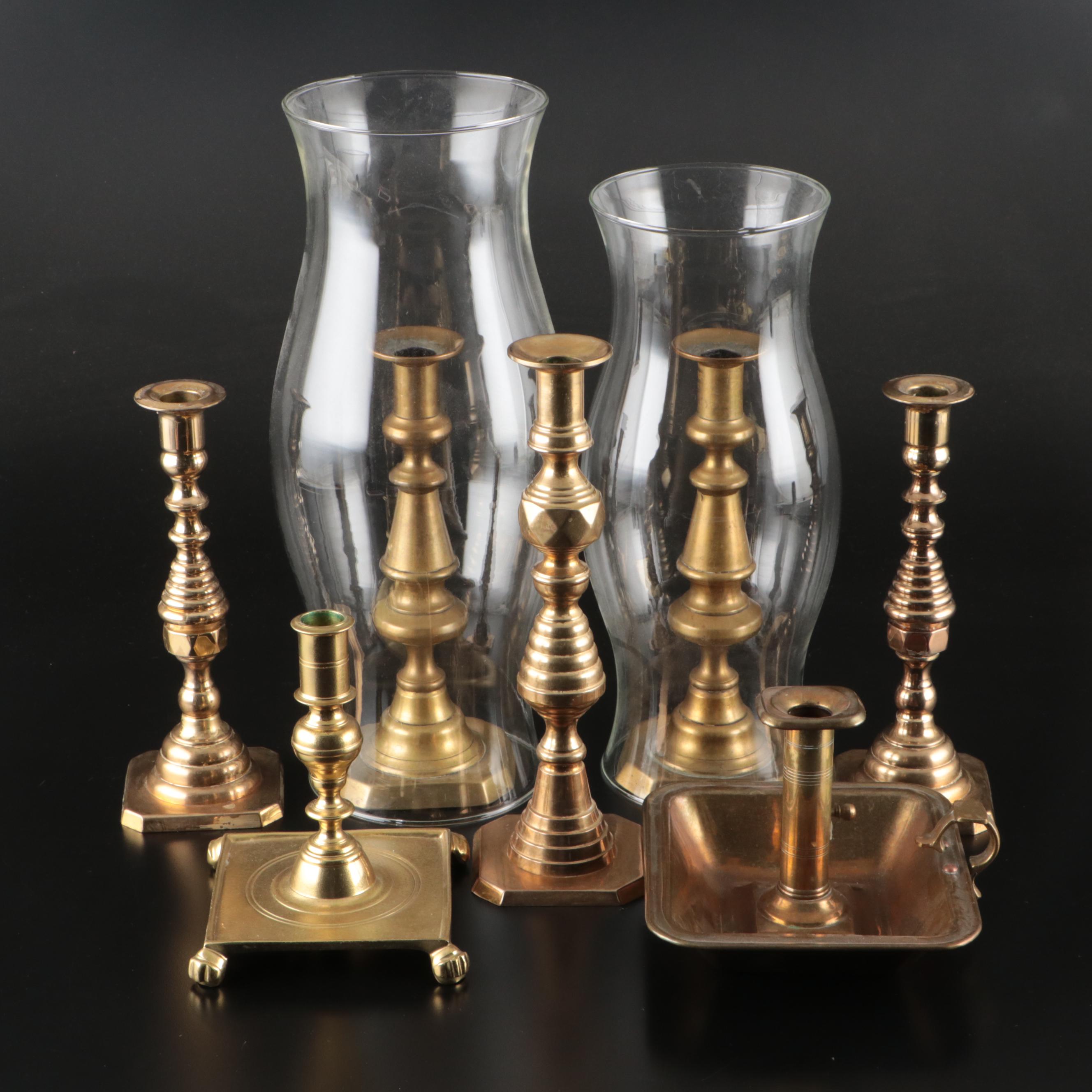 Baldwin, VMC & English Brass Candlesticks, Chamberstick & Hurricanes