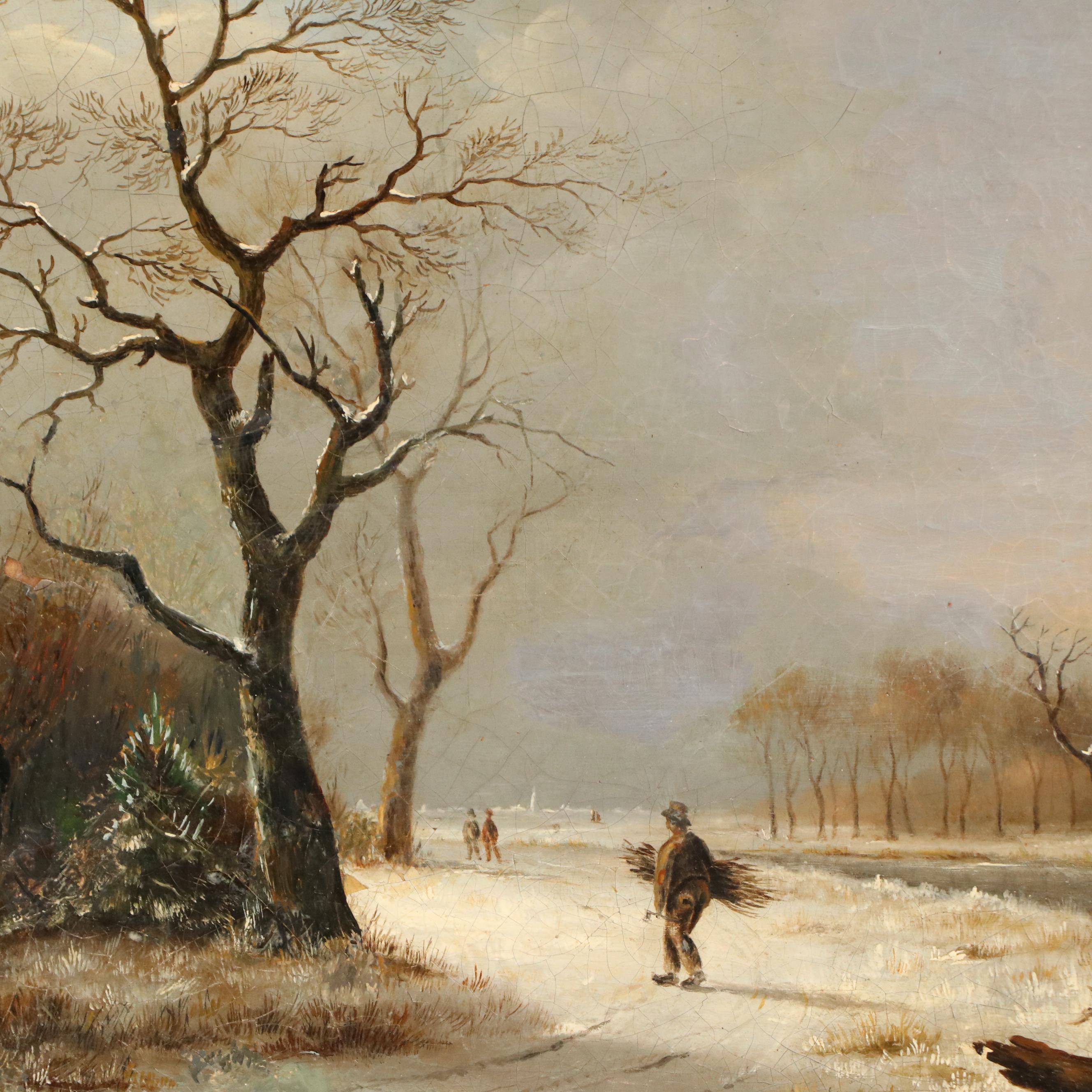 Winter Landscape Oil Painting of Figure Along River's Edge