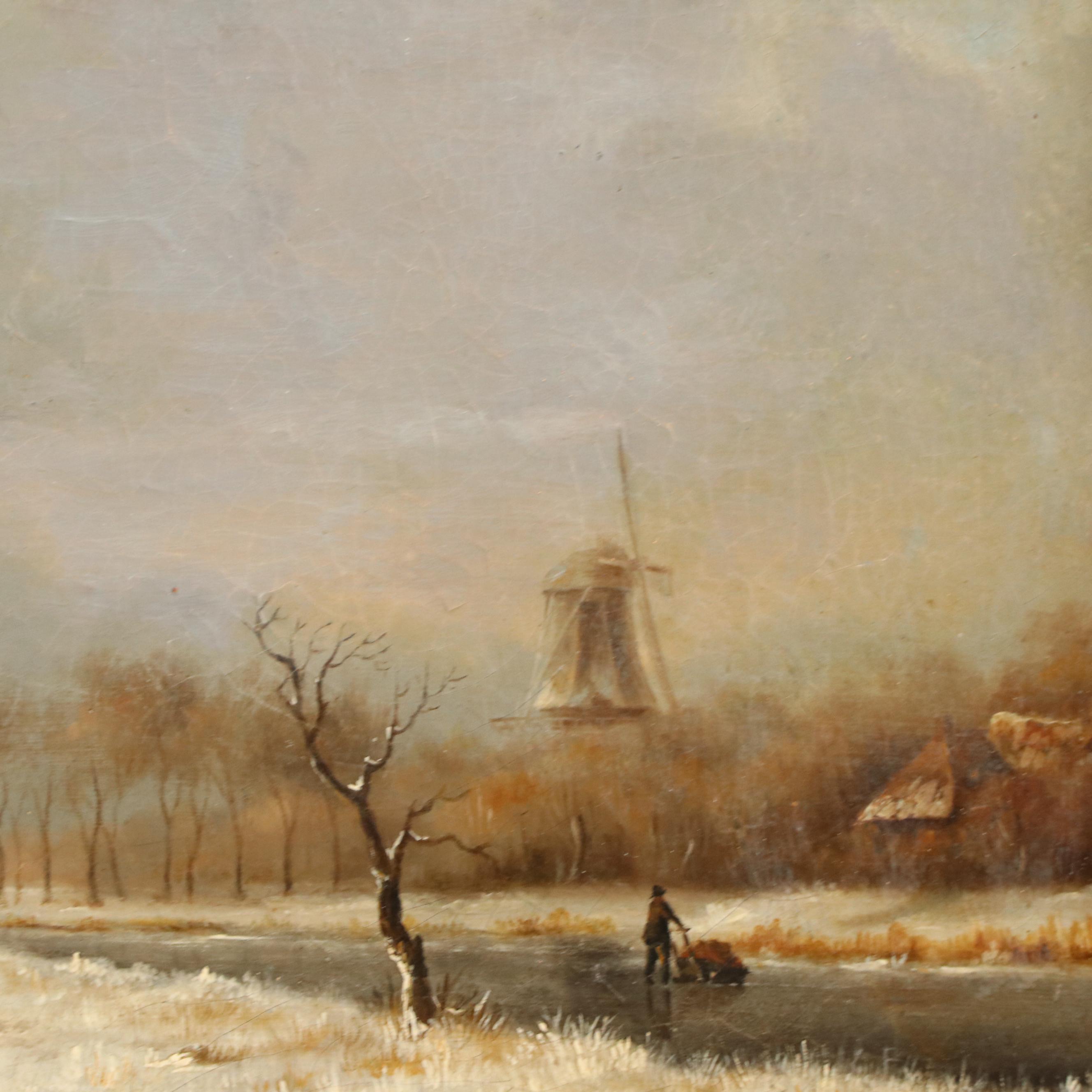Winter Landscape Oil Painting of Figure Along River's Edge
