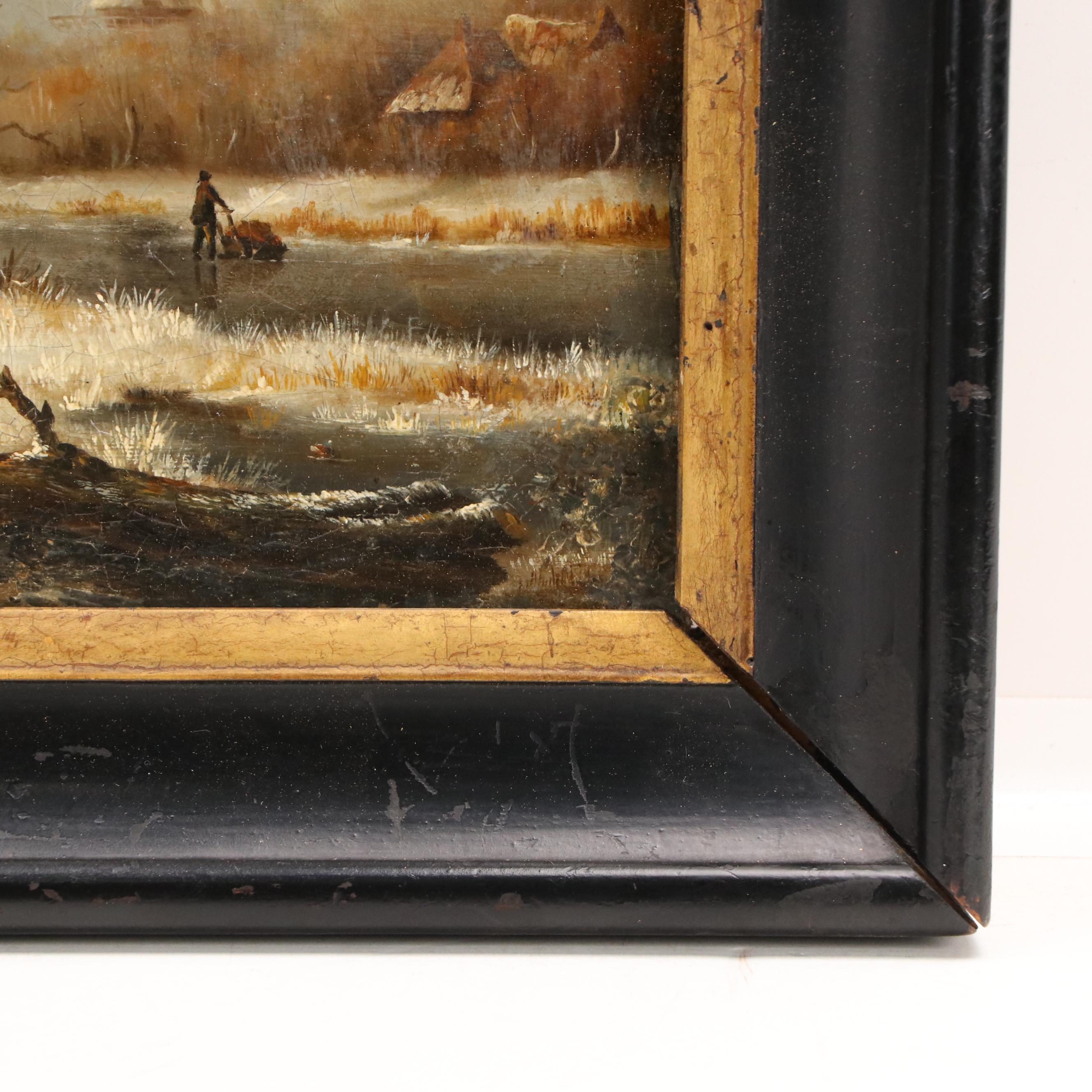 Winter Landscape Oil Painting of Figure Along River's Edge