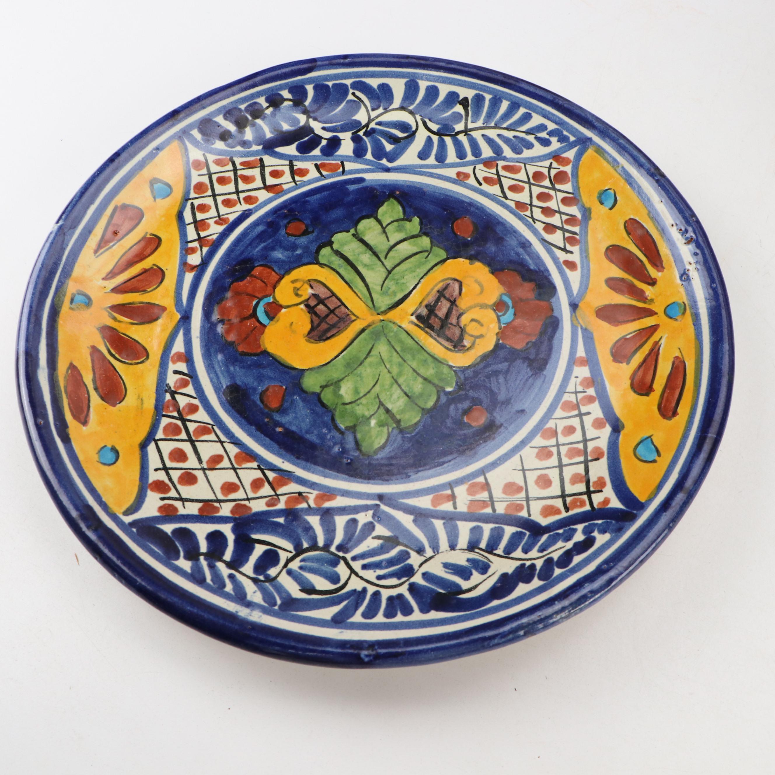 Hand-Painted Mexican Ceramic Dinner Plates and Planter