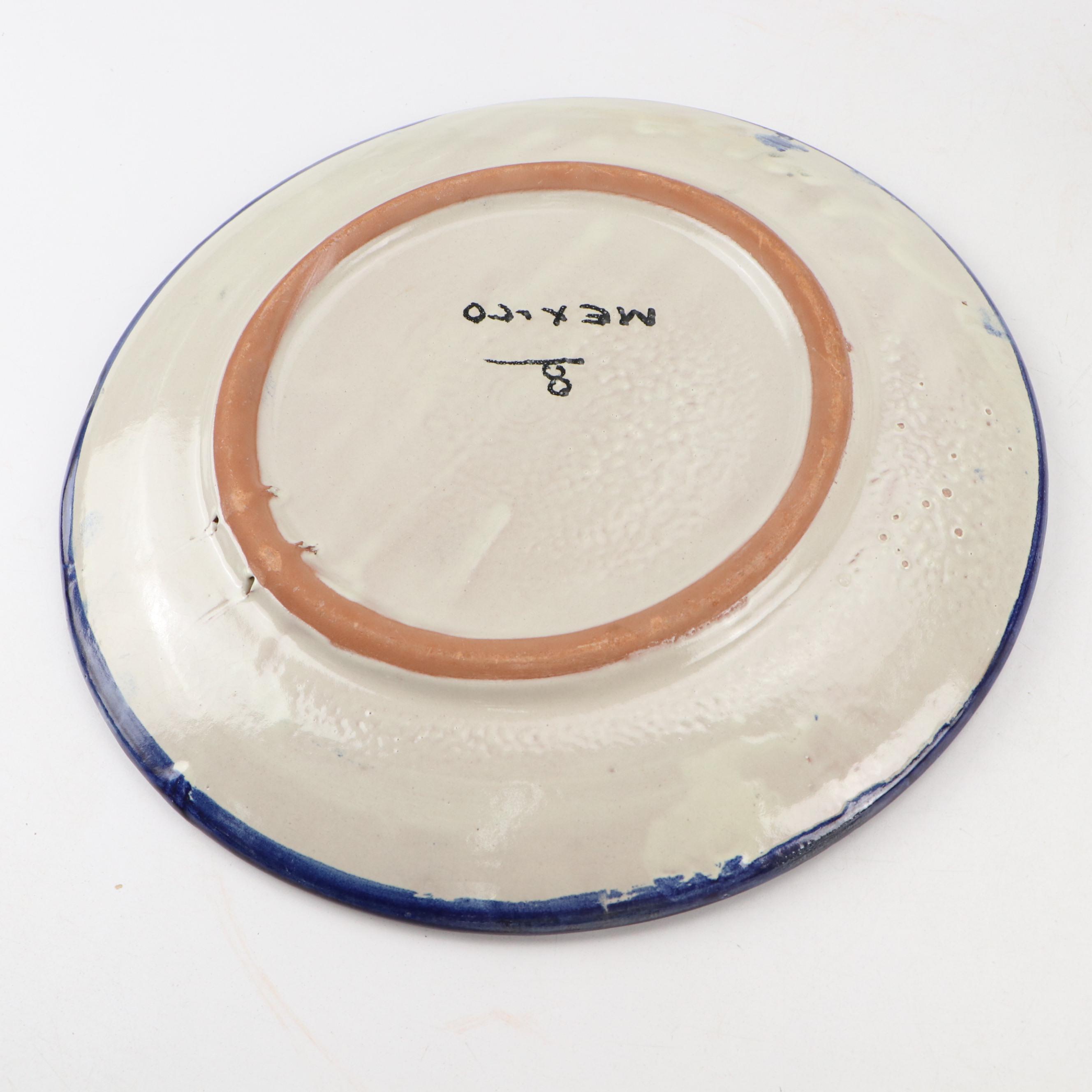 Hand-Painted Mexican Ceramic Dinner Plates and Planter