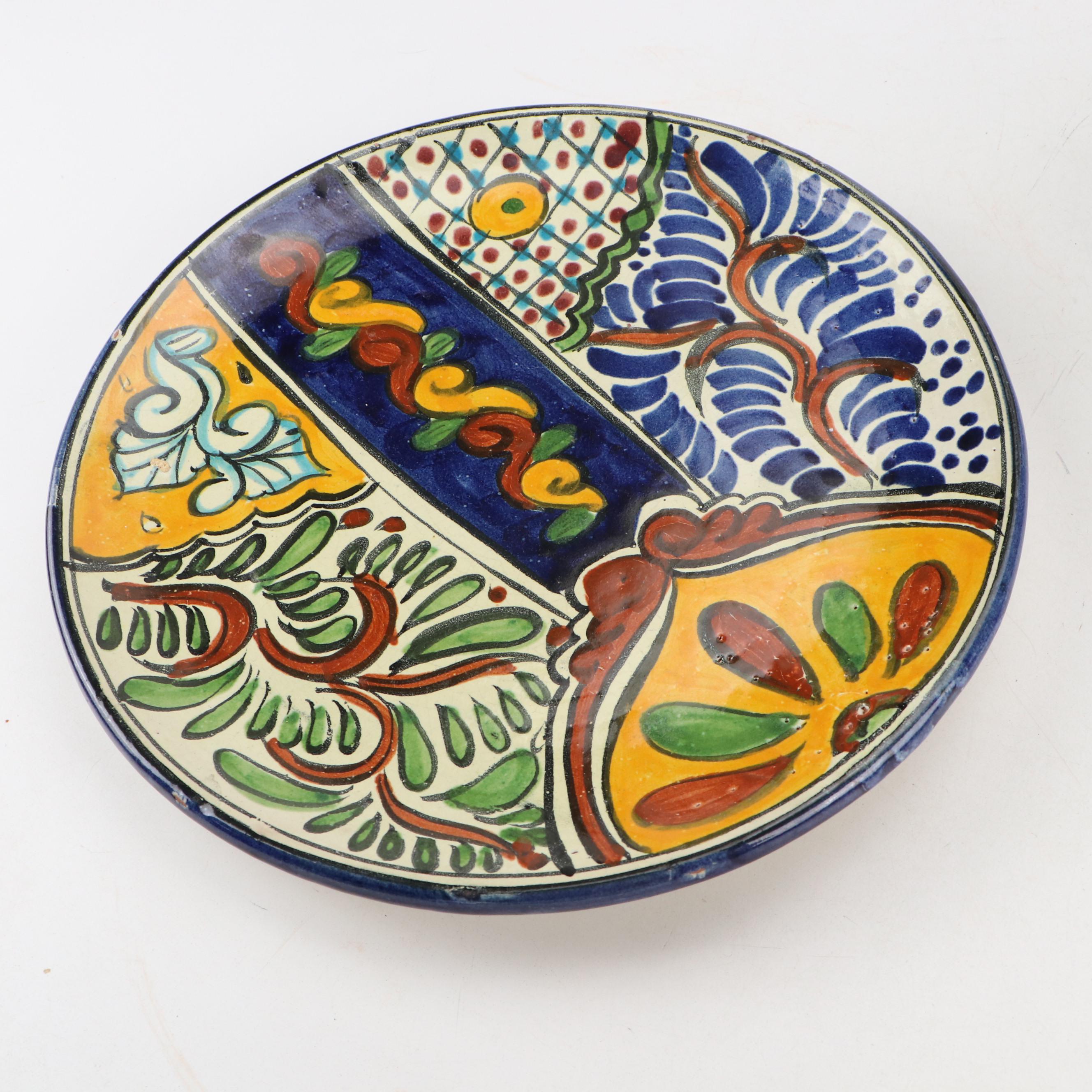 Hand-Painted Mexican Ceramic Dinner Plates and Planter