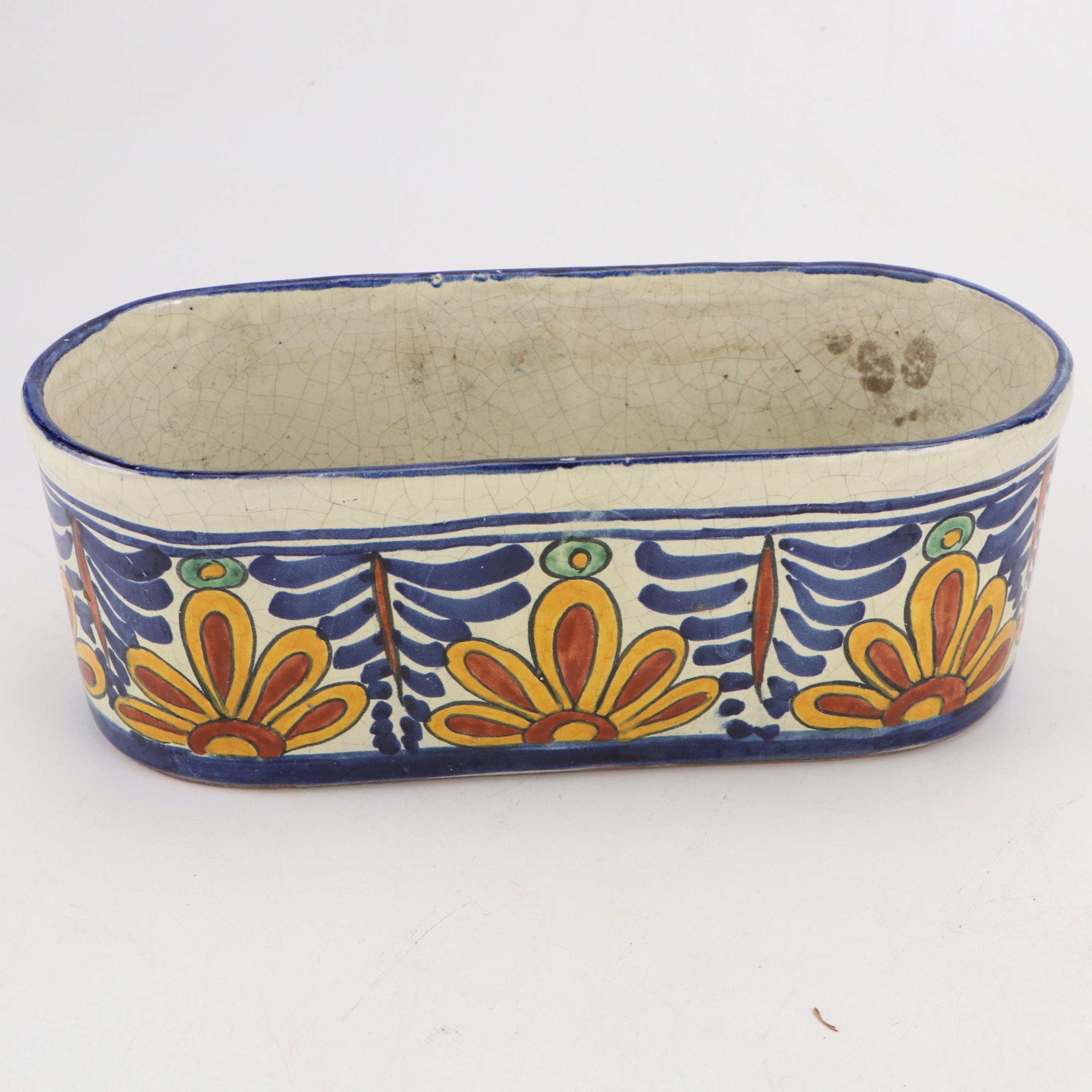 Hand-Painted Mexican Ceramic Dinner Plates and Planter