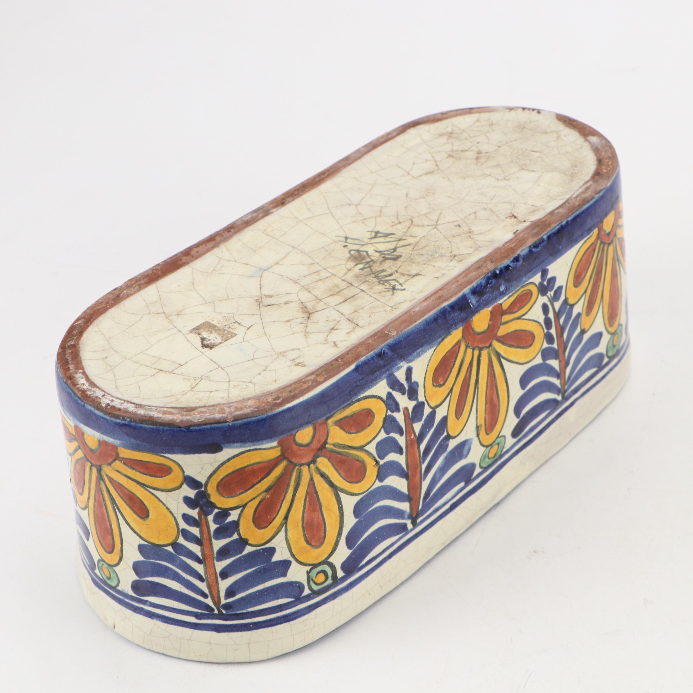 Hand-Painted Mexican Ceramic Dinner Plates and Planter