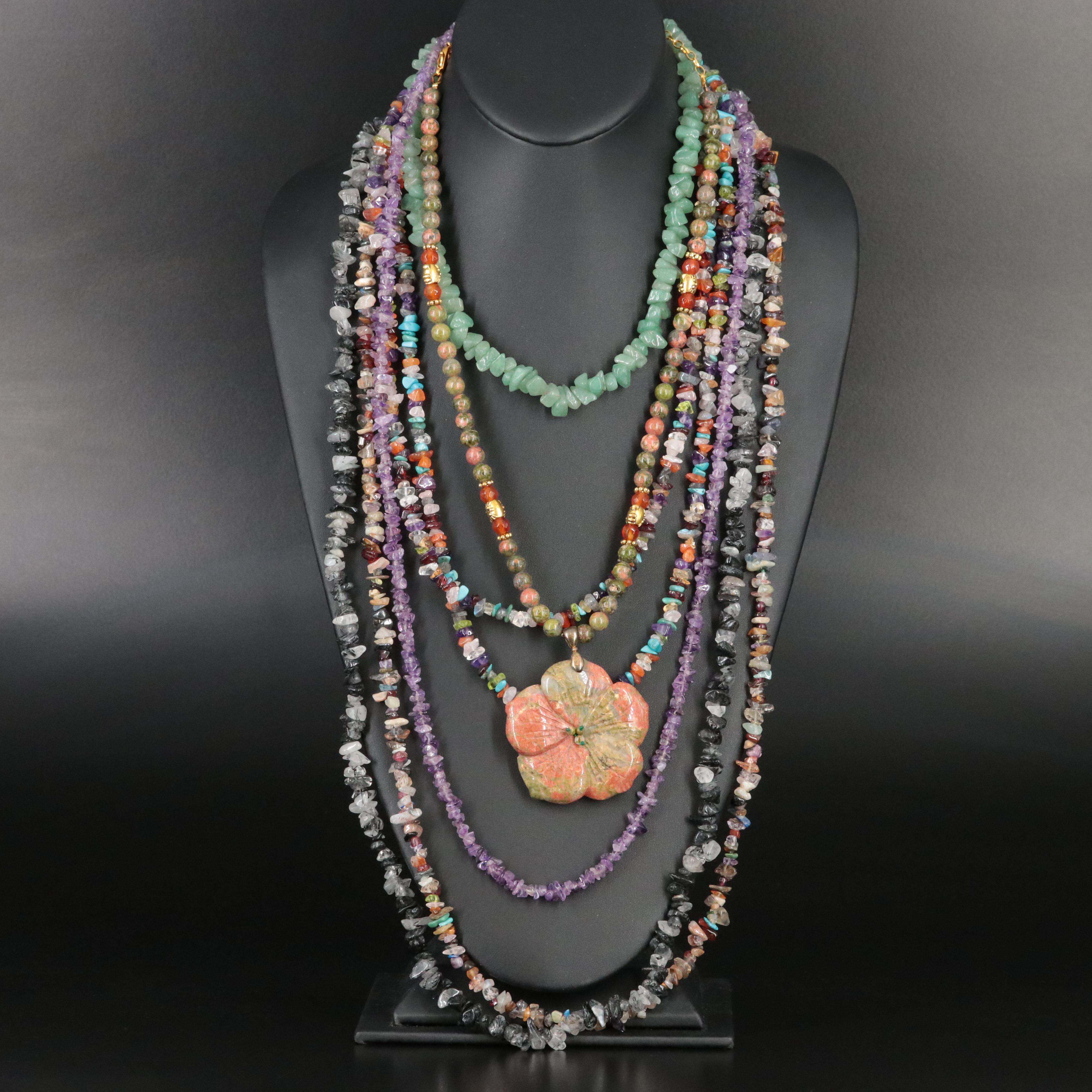 Unakite, Aventurine and Tourmalinated Quartz Necklaces Featuring Sterling