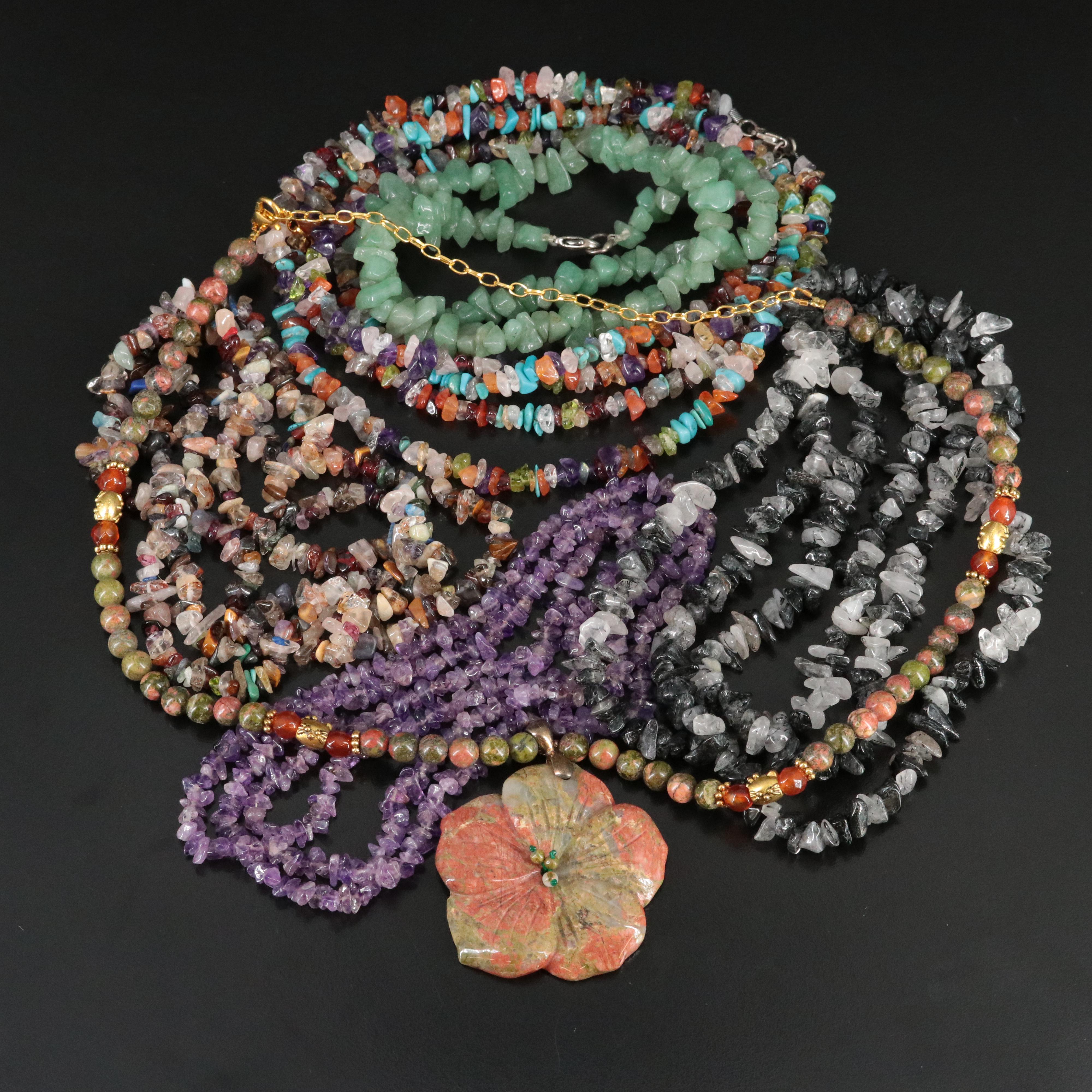 Unakite, Aventurine and Tourmalinated Quartz Necklaces Featuring Sterling