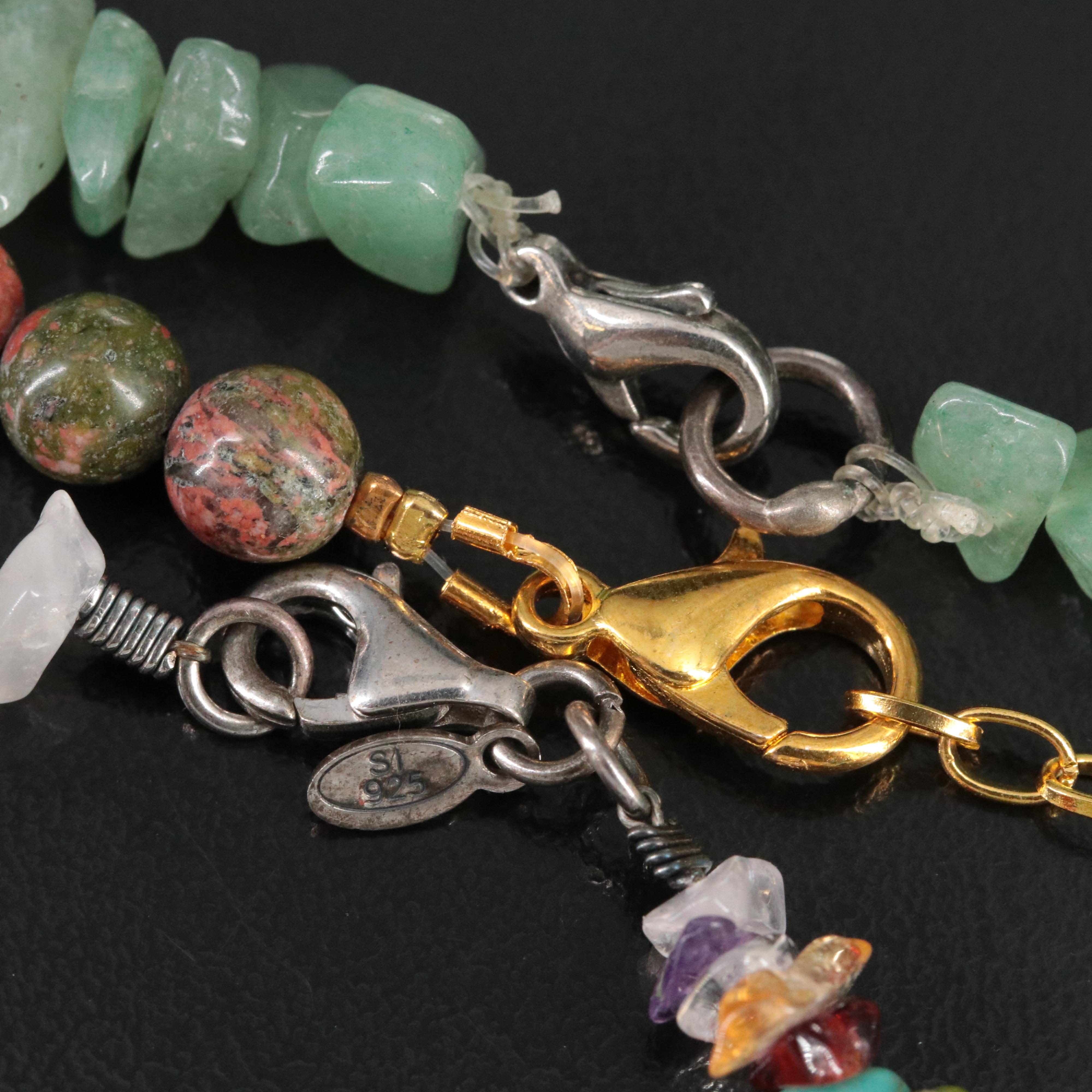 Unakite, Aventurine and Tourmalinated Quartz Necklaces Featuring Sterling