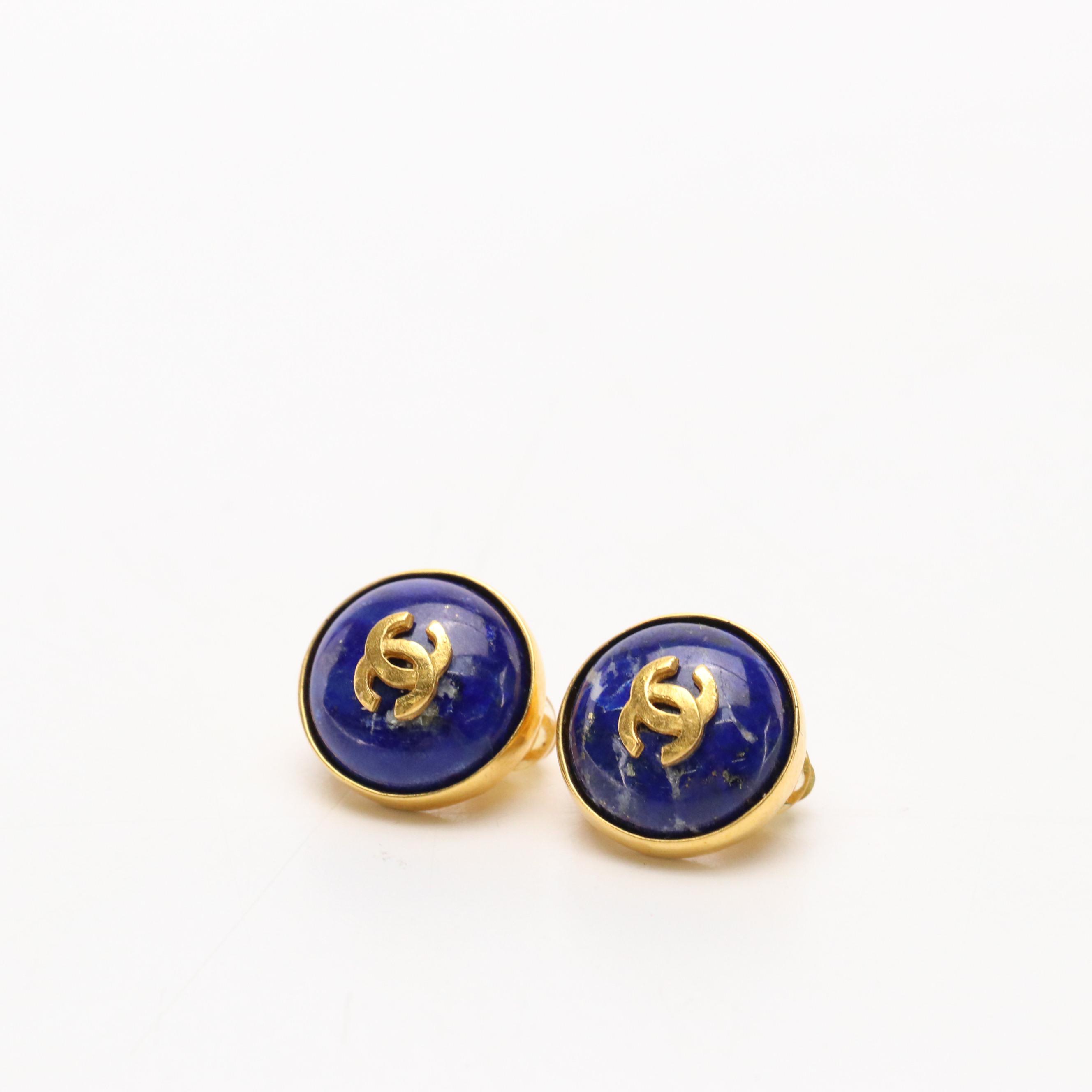 Chanel CC Lapis Lazuli Cabochon Round Clip-Back Earrings, 1990s Vintage