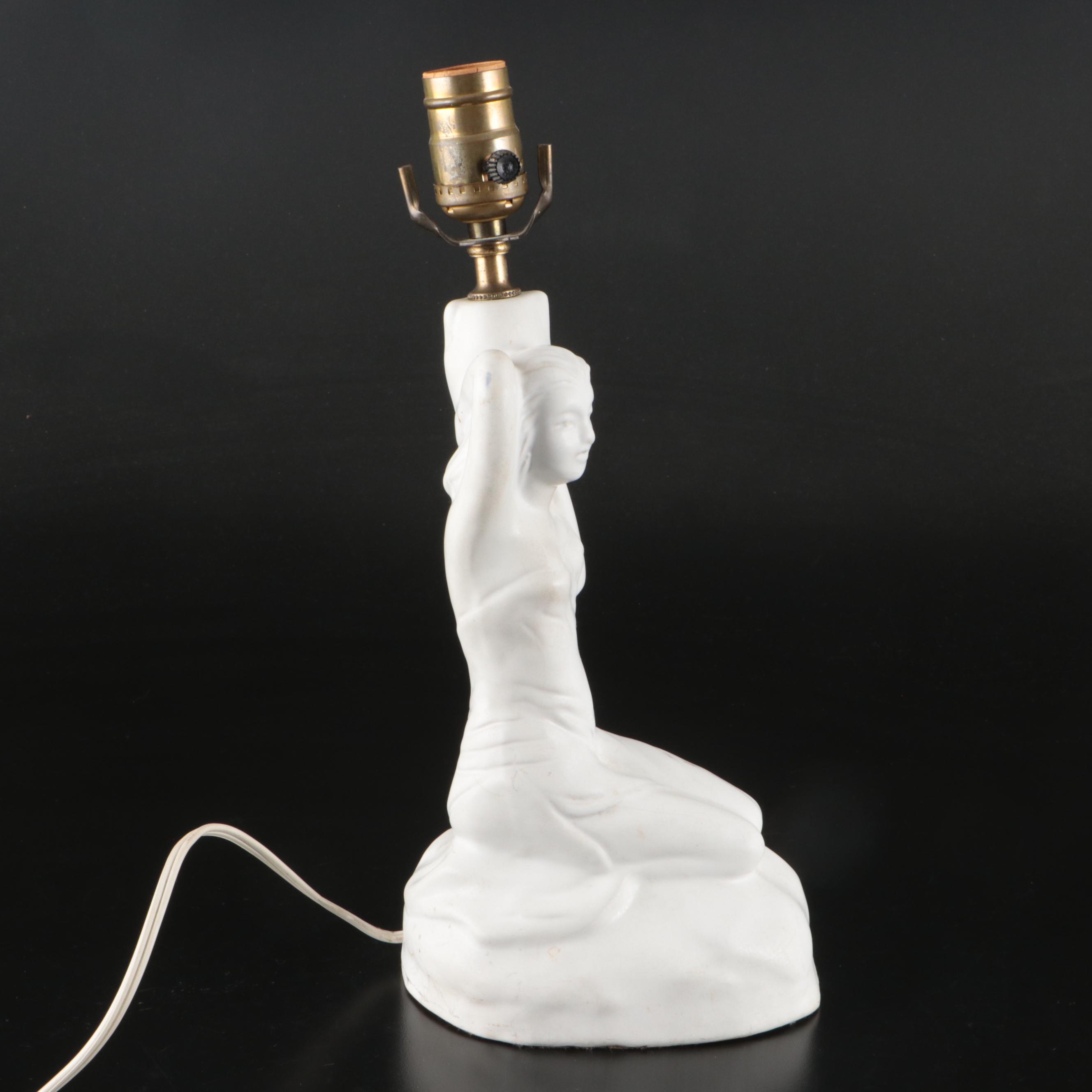 Van Briggle Pottery Figural Table Lamp with Butterfly & Dried Flower Shade