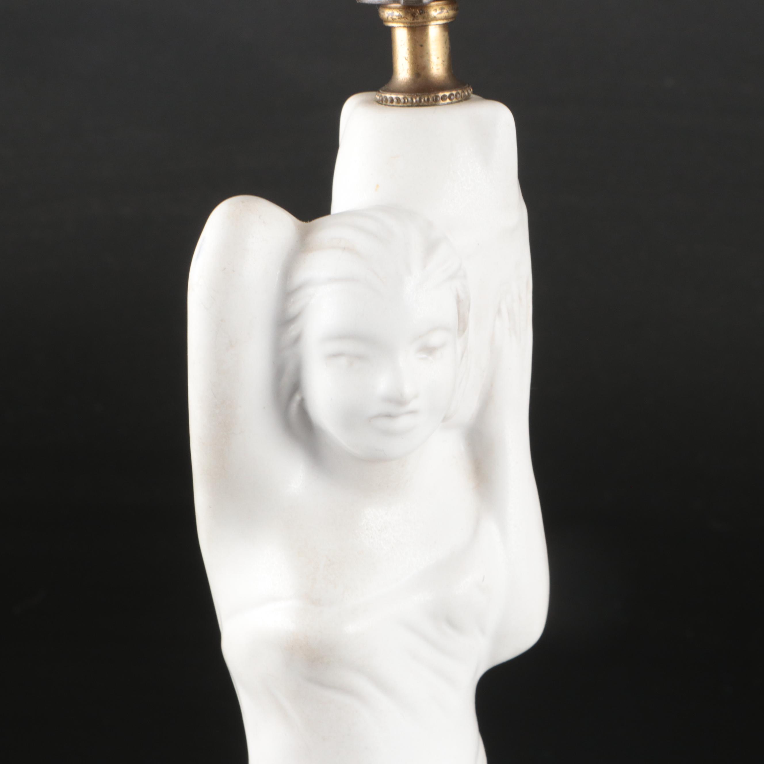 Van Briggle Pottery Figural Table Lamp with Butterfly & Dried Flower Shade