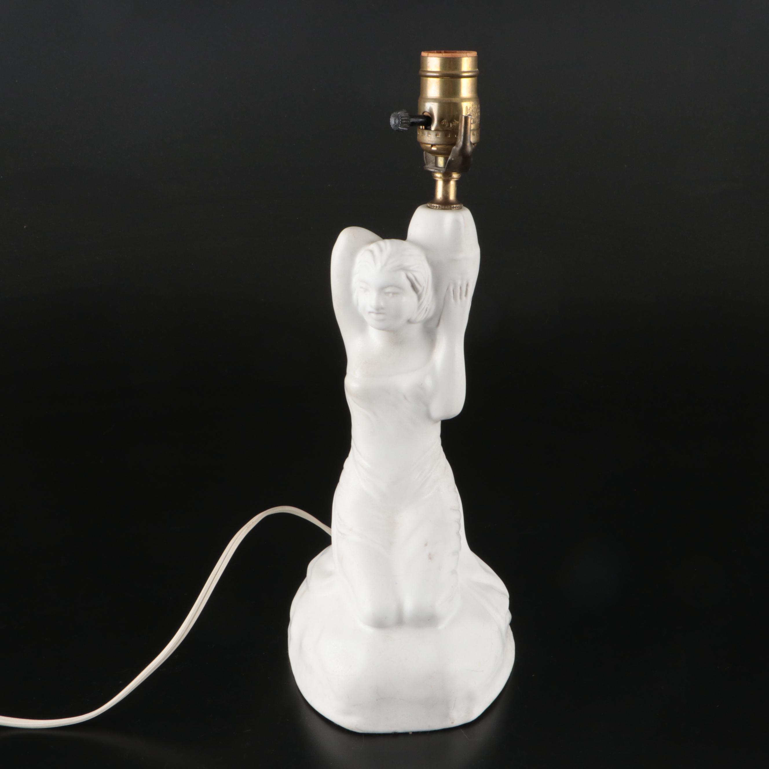 Van Briggle Pottery Figural Table Lamp with Butterfly & Dried Flower Shade