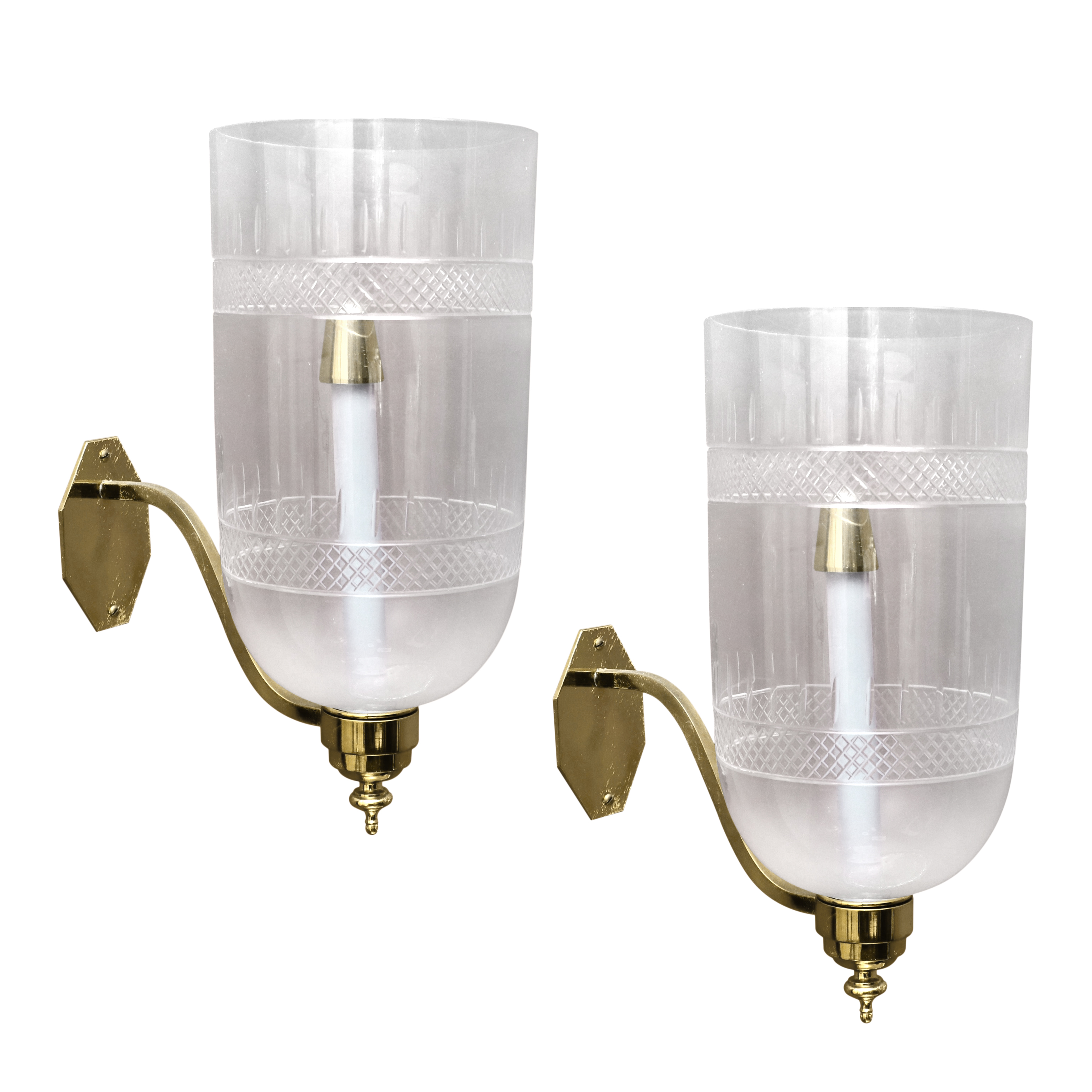 Regency Style Brass Candle Sconces with Etched Glass Hurricanes