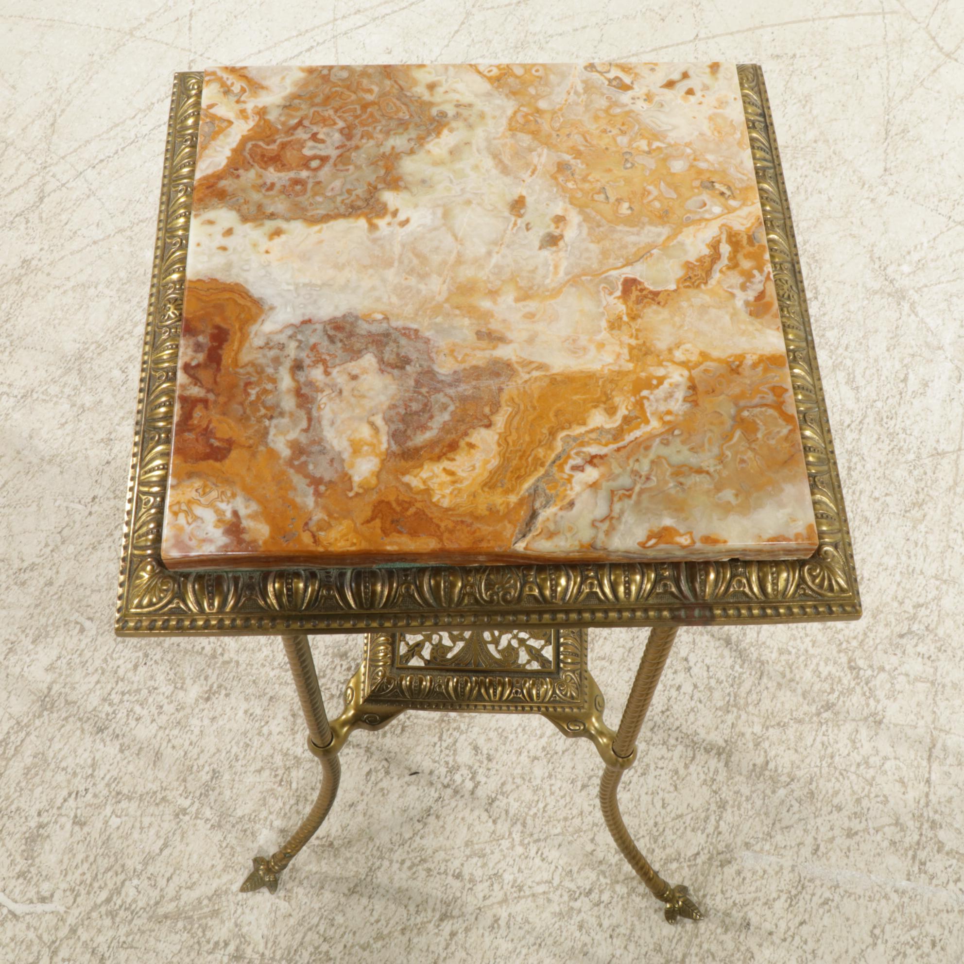Victorian Brass Plant Stand with Marble Top, Late 20th Century