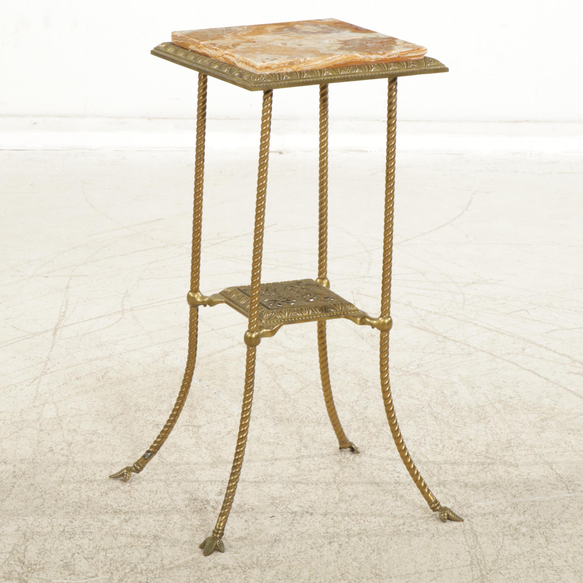 Victorian Brass Plant Stand with Marble Top, Late 20th Century