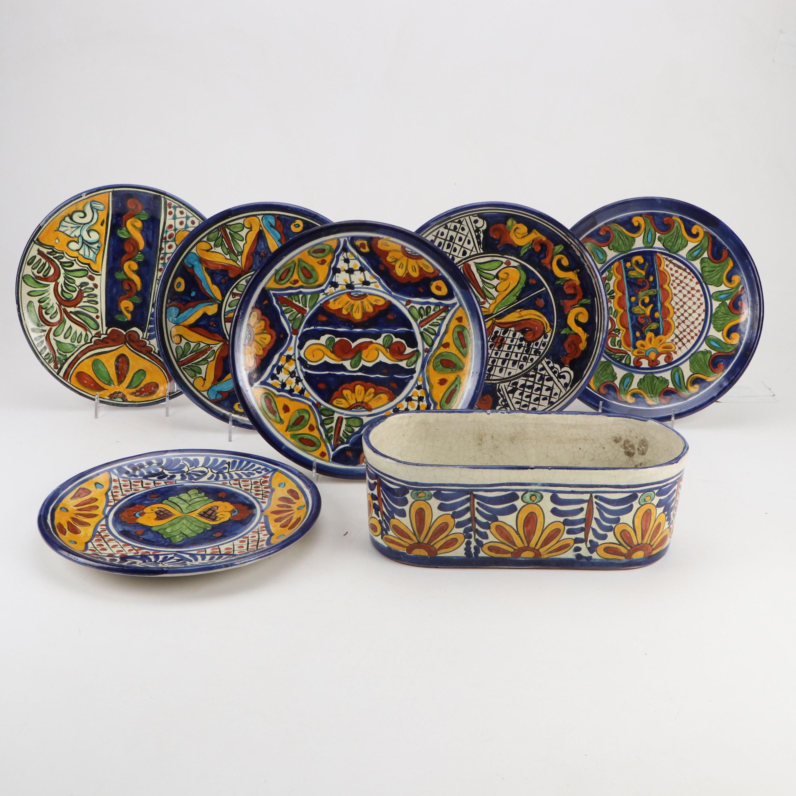 Hand-Painted Mexican Ceramic Dinner Plates and Planter