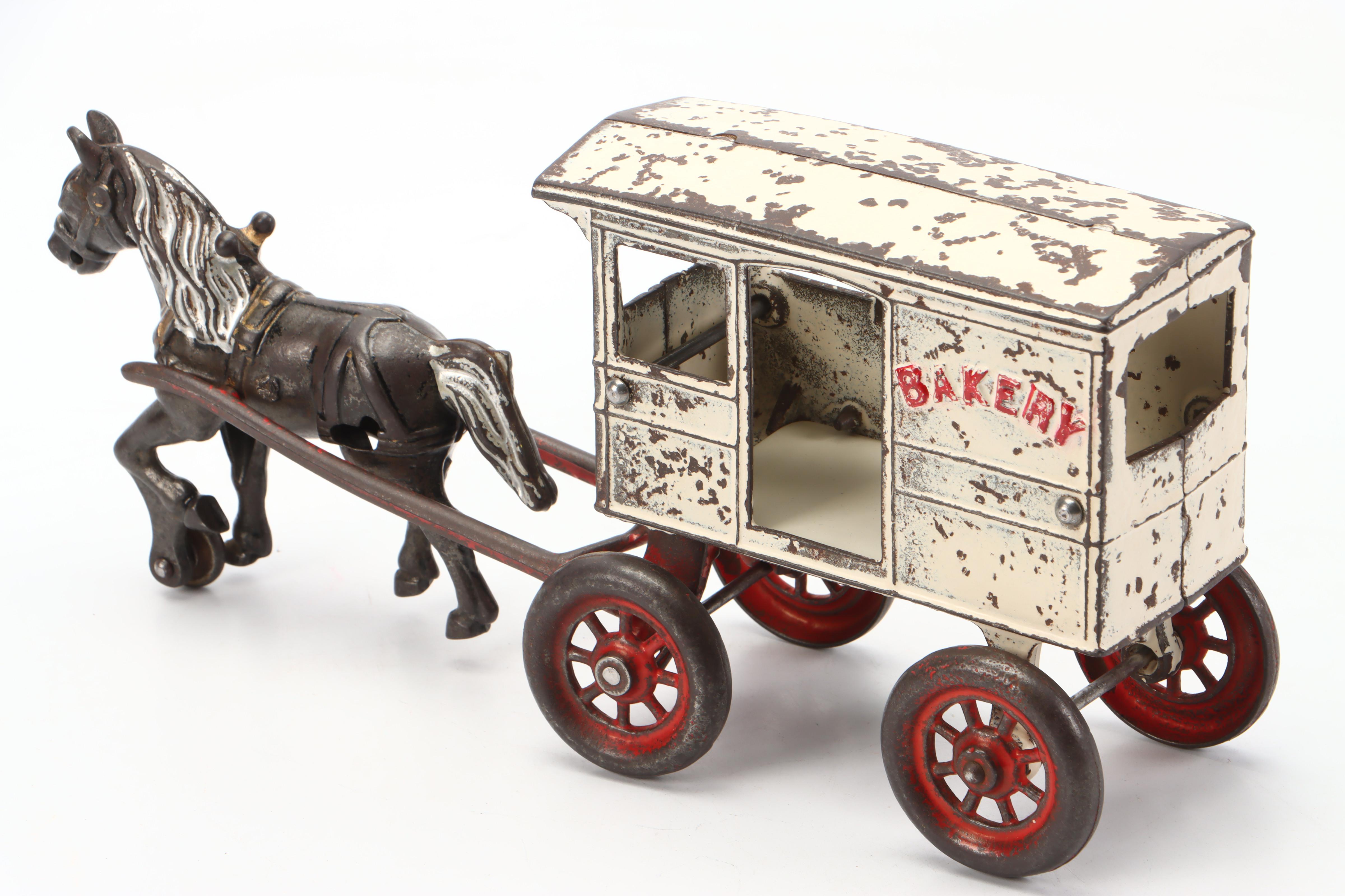 Painted Cast Iron "Bakery" Horse-Drawn Cart Toy