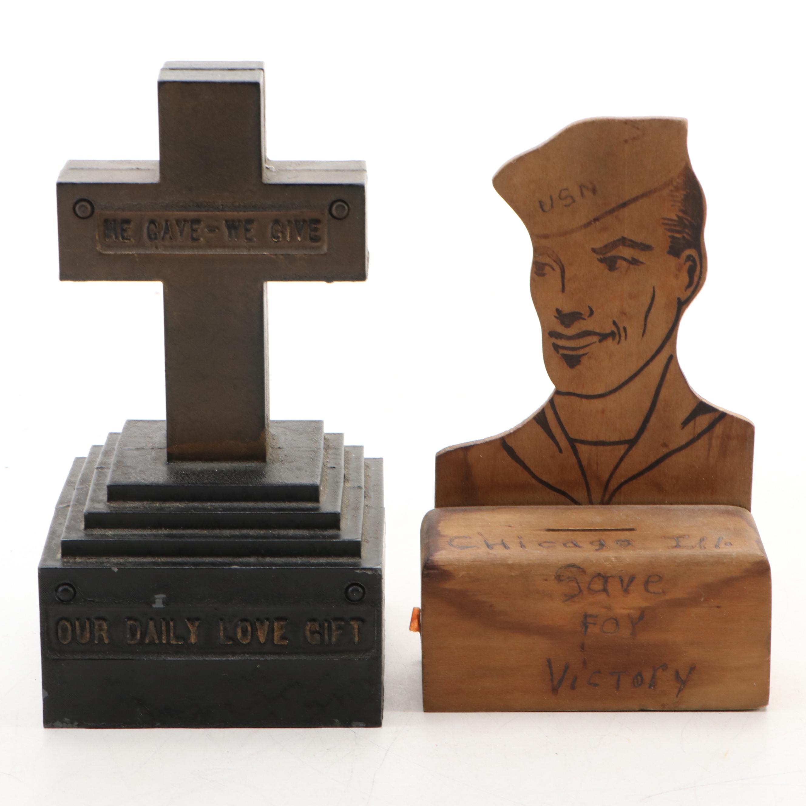 Wood US Navy Soldier and Cast Cross Tombstone Banks with Vaccher Resin Fish Pot