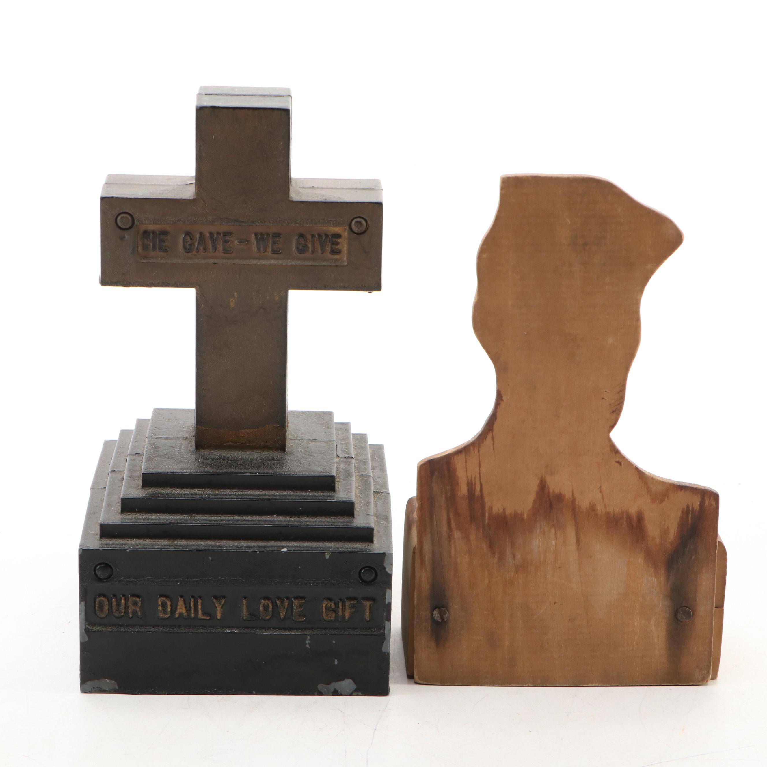 Wood US Navy Soldier and Cast Cross Tombstone Banks with Vaccher Resin Fish Pot