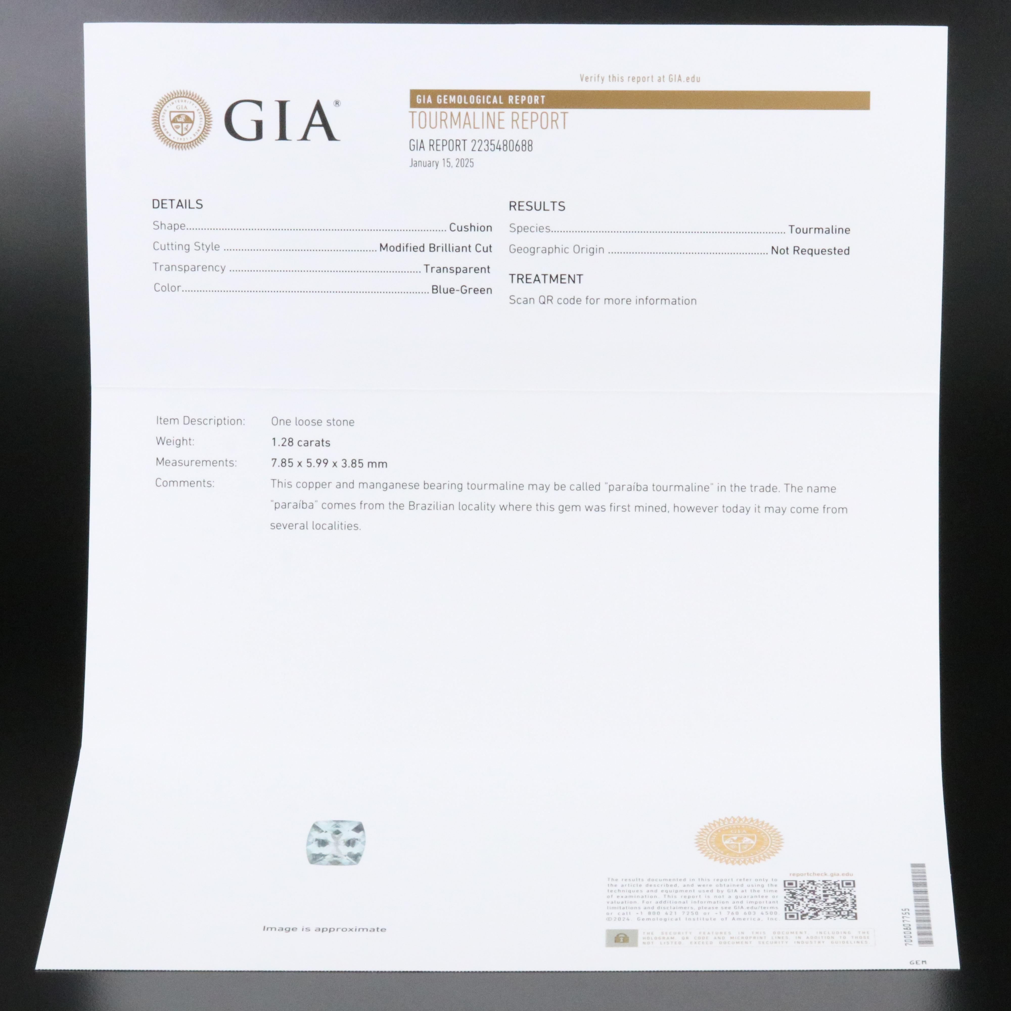 18K 1.28 CT Paraiba Tourmaline and Diamond Ring with GIA Report