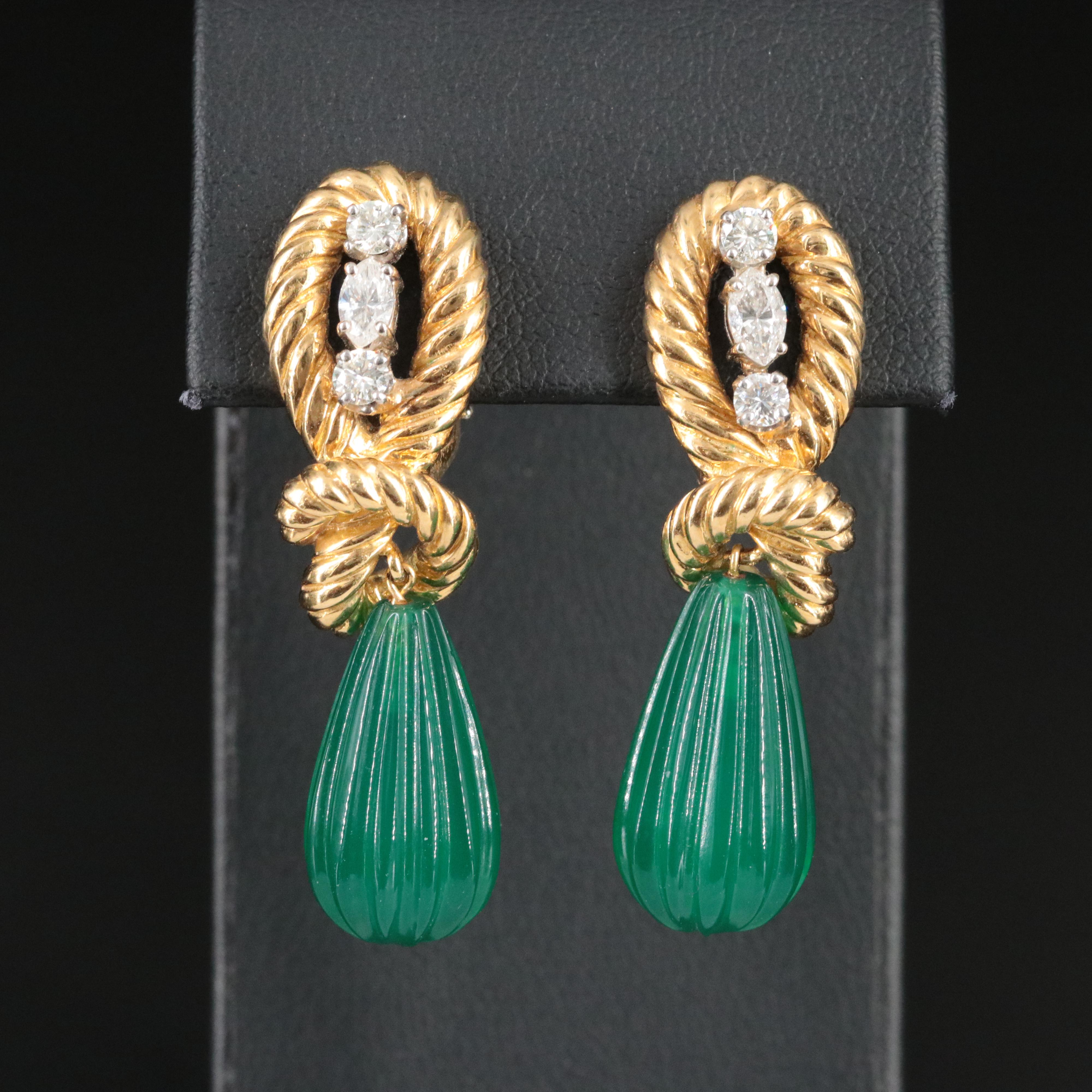 18K and 14K Earrings with 0.80 CTW Diamonds and Chalcedony Fluted Drops