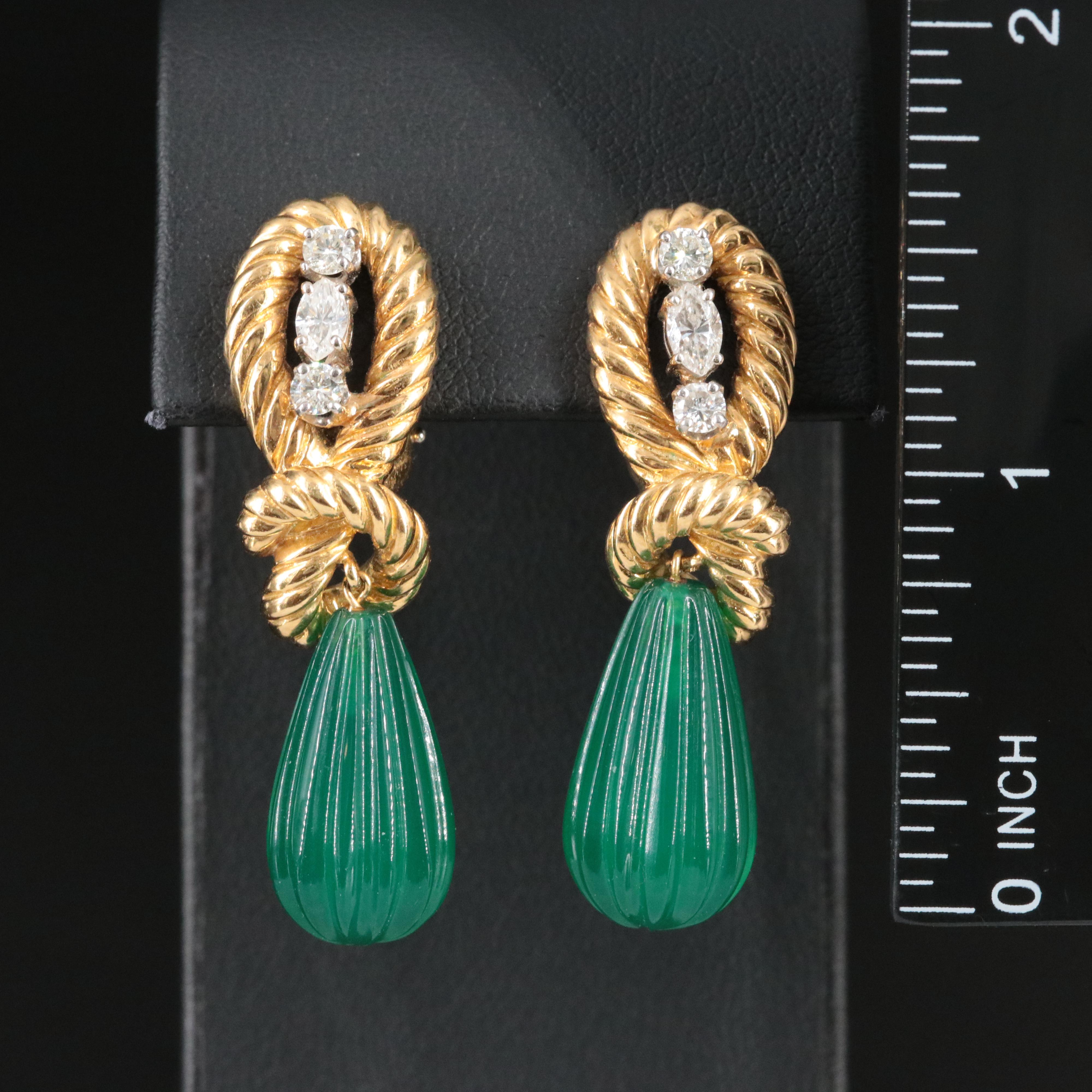 18K and 14K Earrings with 0.80 CTW Diamonds and Chalcedony Fluted Drops