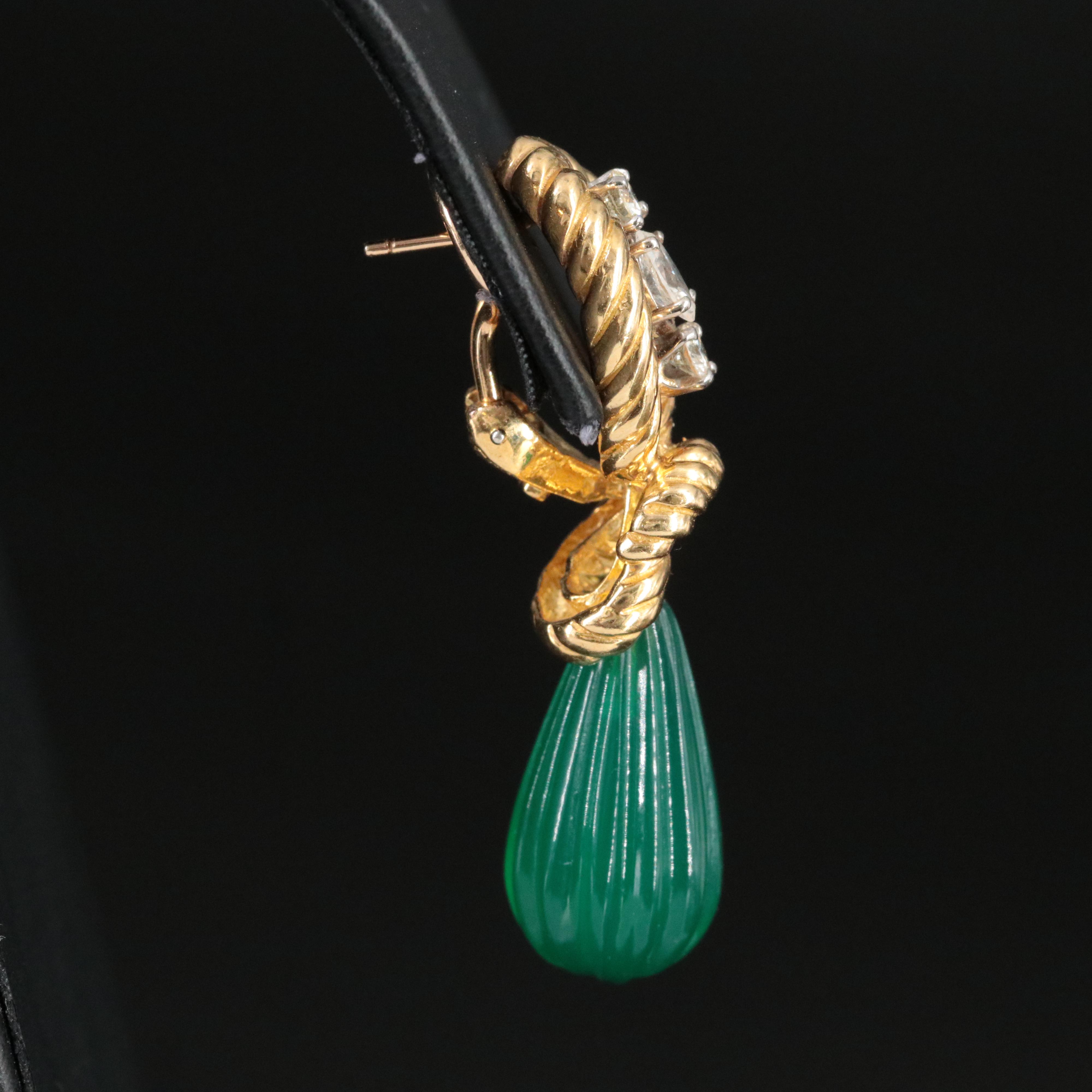 18K and 14K Earrings with 0.80 CTW Diamonds and Chalcedony Fluted Drops