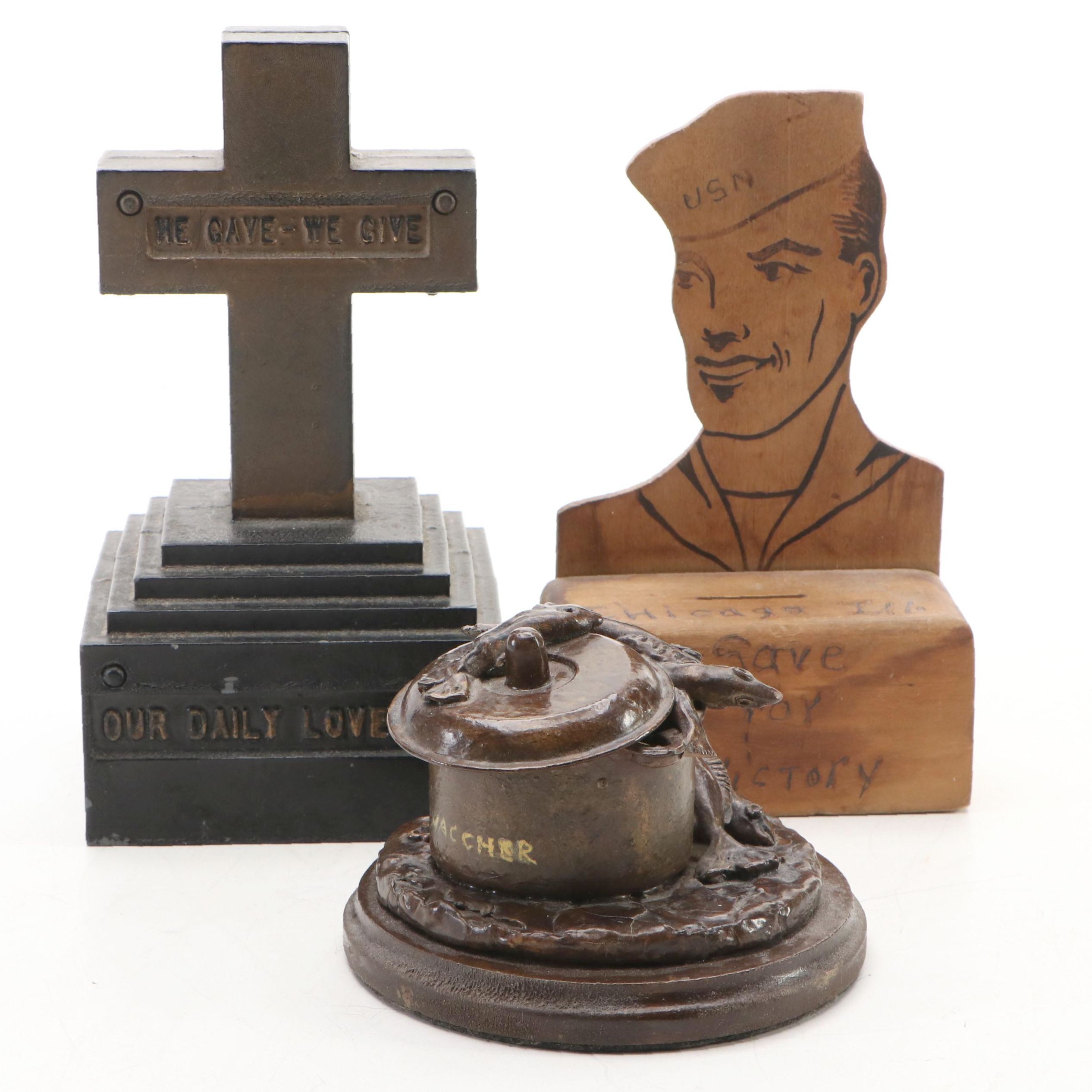Wood US Navy Soldier and Cast Cross Tombstone Banks with Vaccher Resin Fish Pot