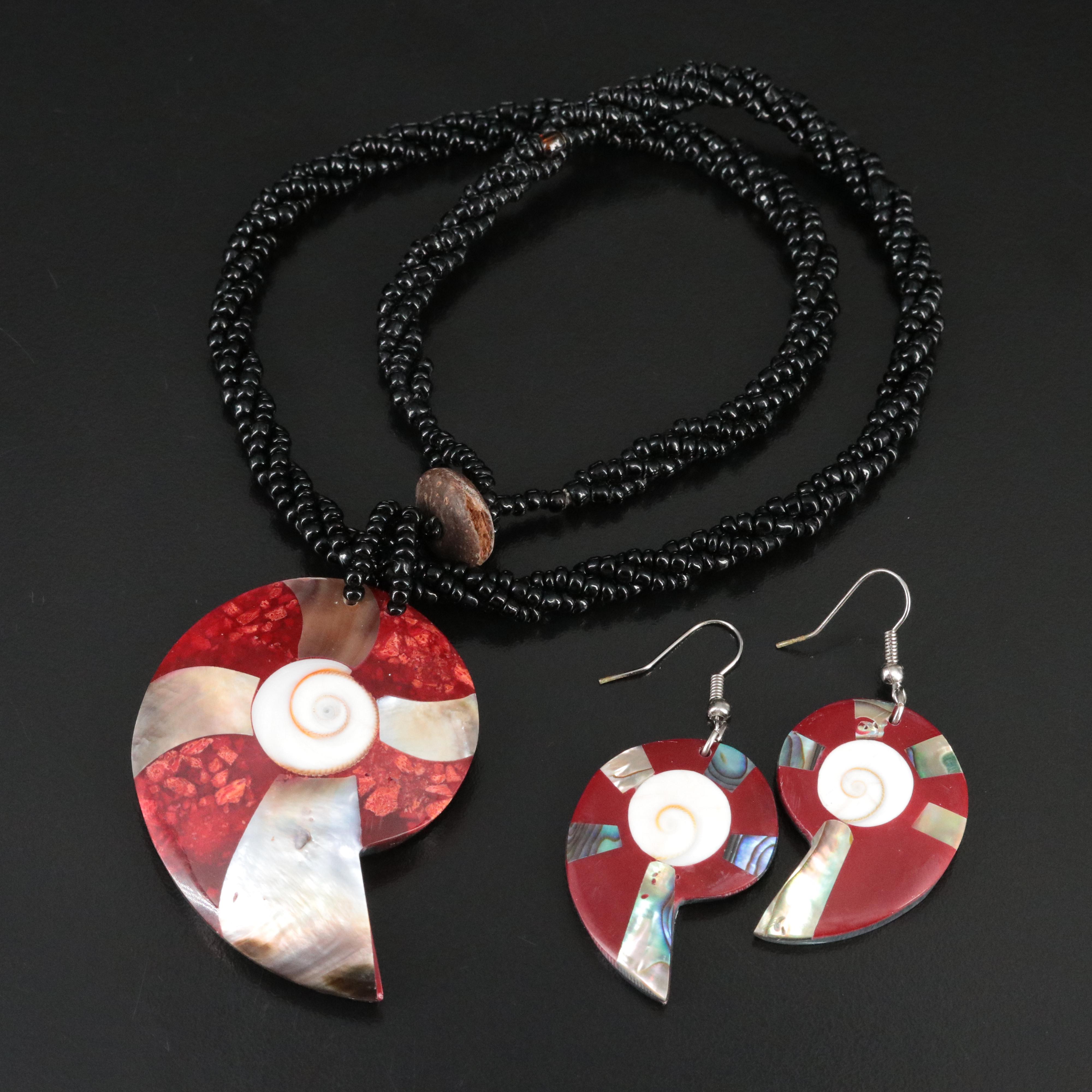 Mother-of-Pearl, Abalone and Coral Inlay Earring and Necklace Set