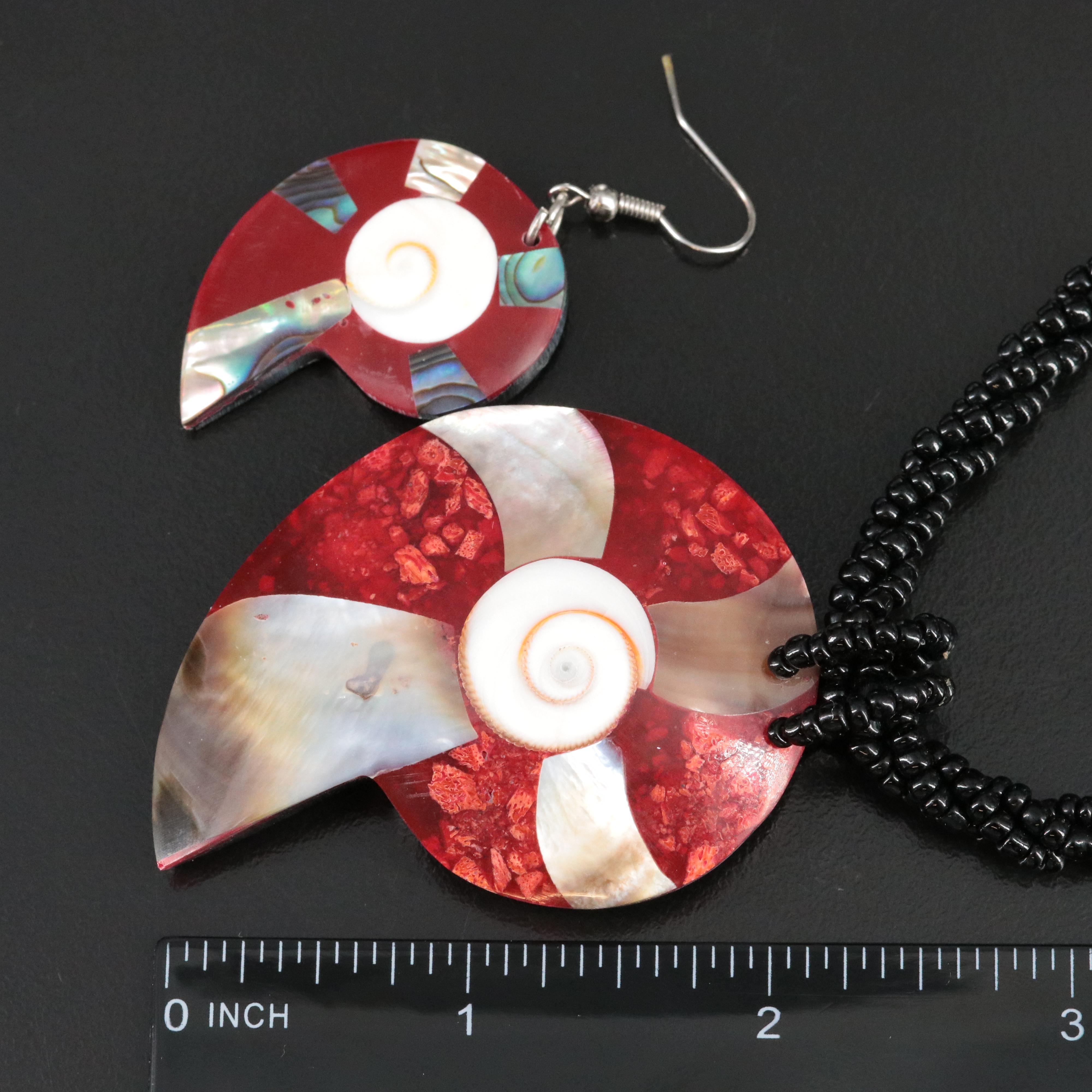 Mother-of-Pearl, Abalone and Coral Inlay Earring and Necklace Set