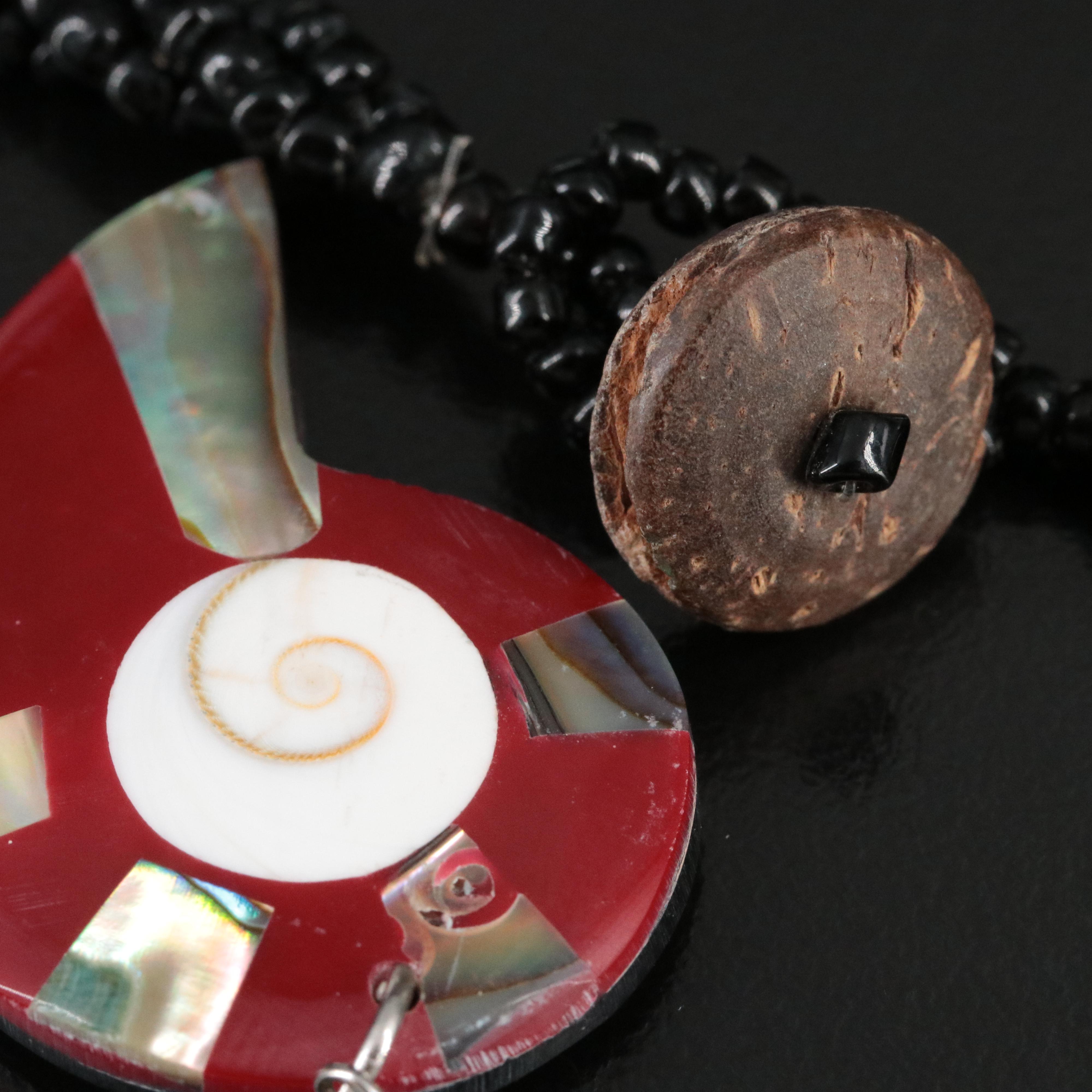 Mother-of-Pearl, Abalone and Coral Inlay Earring and Necklace Set