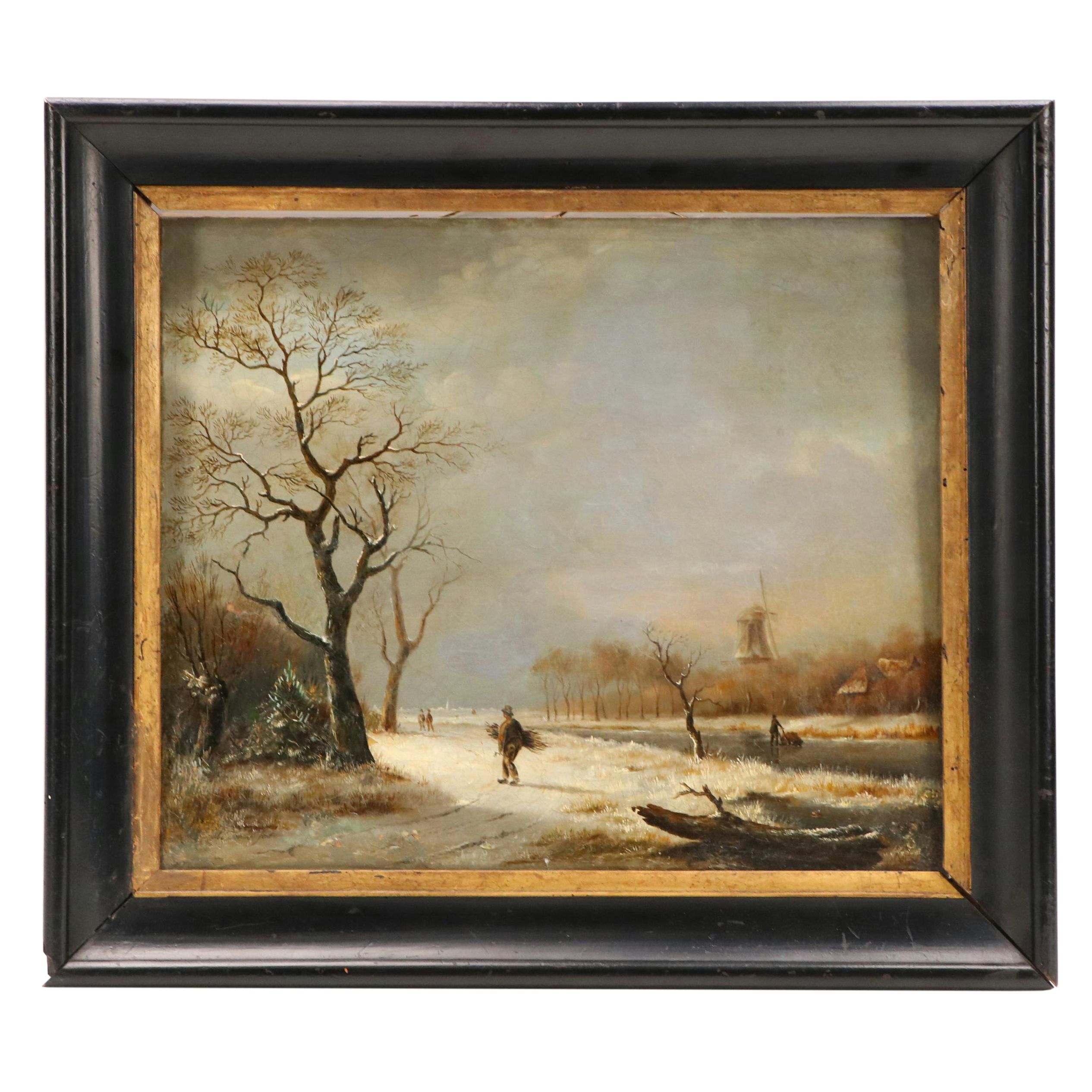 Winter Landscape Oil Painting of Figure Along River's Edge