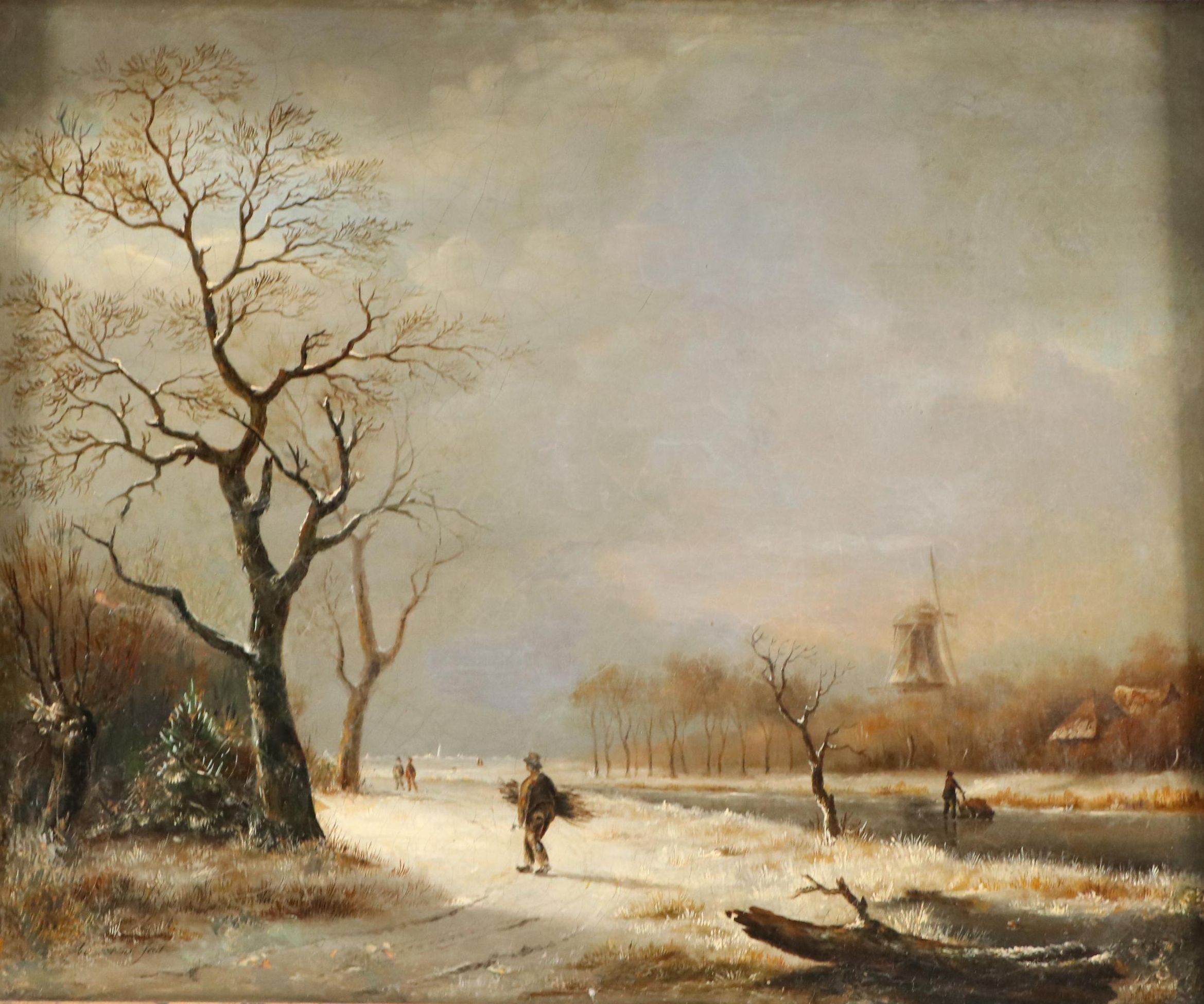 Winter Landscape Oil Painting of Figure Along River's Edge