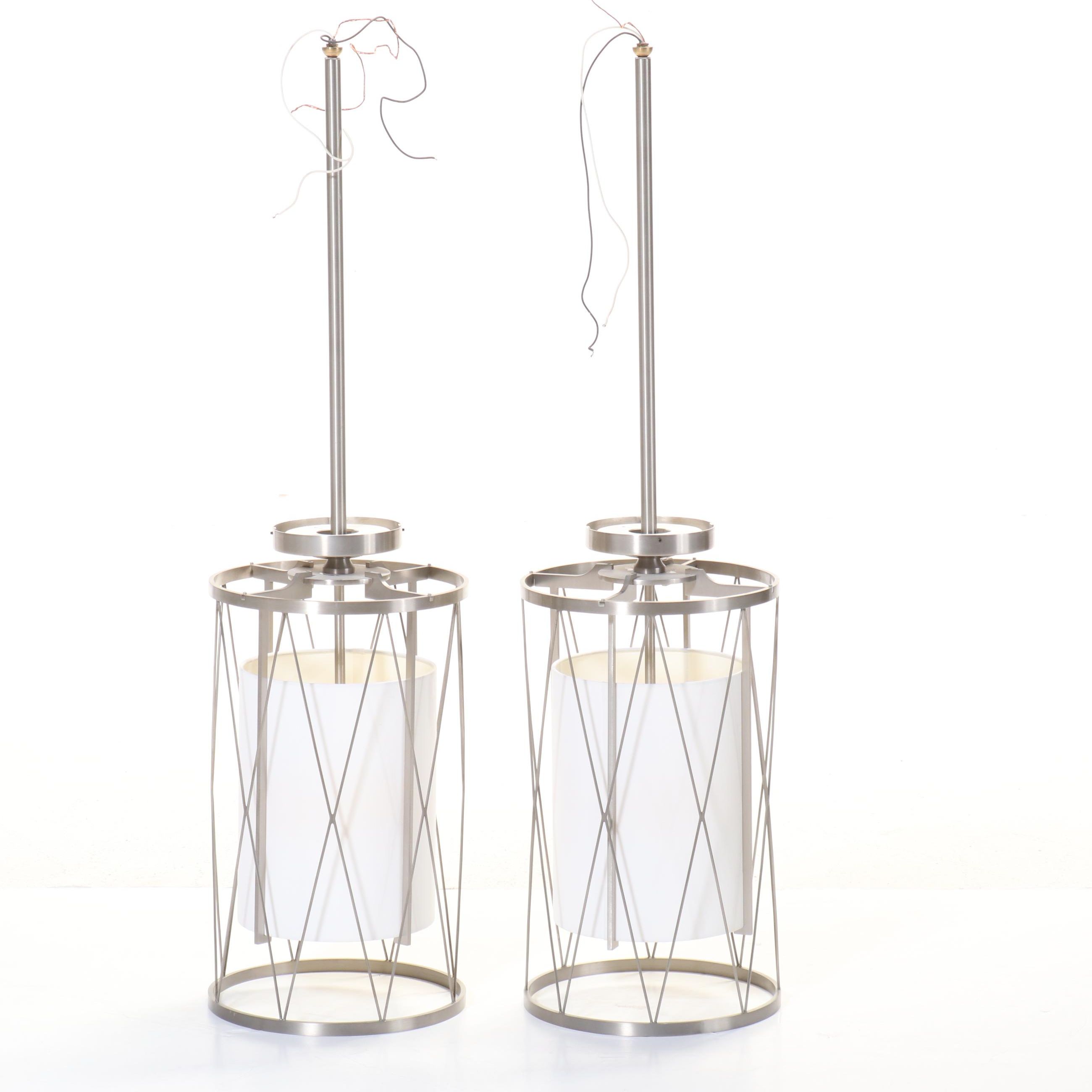 Pair of Nickel Cage Pendant Lights with Linen Shades