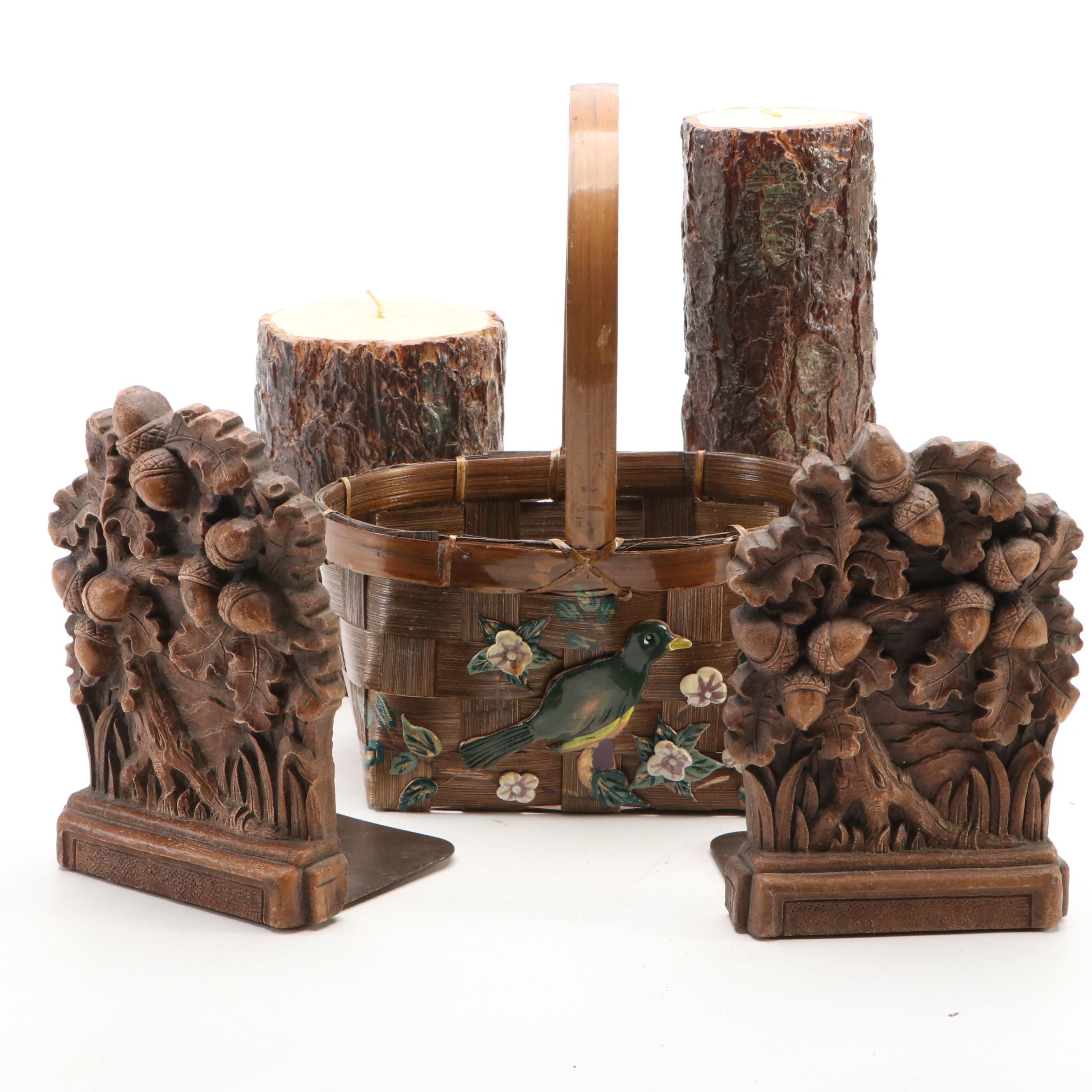 Faux Log Candle Pillars with Acorn Bookends and Bamboo Basket
