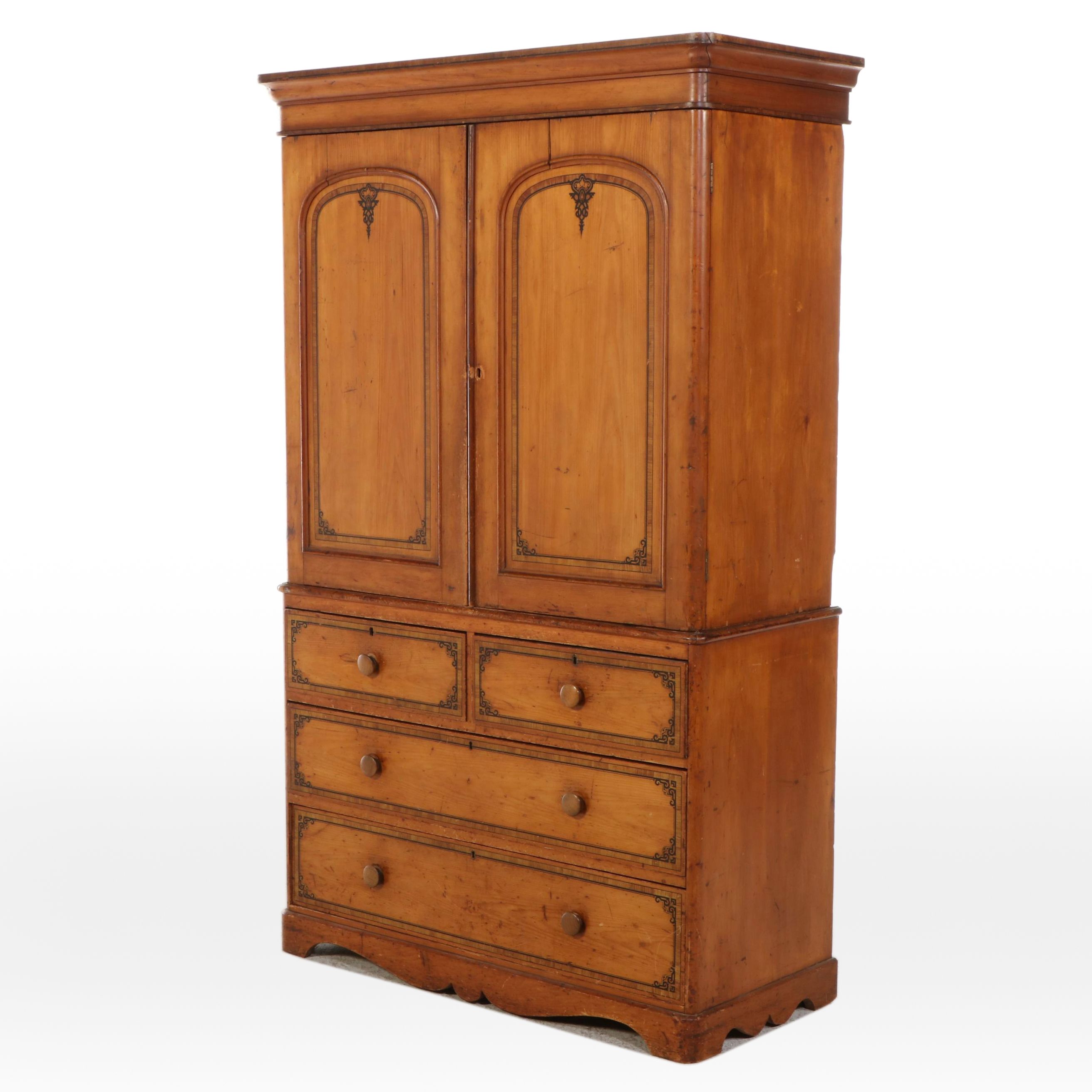 French Art Nouveau Style Inlaid Pine Linen Press, Late 19th/Early 20th Century
