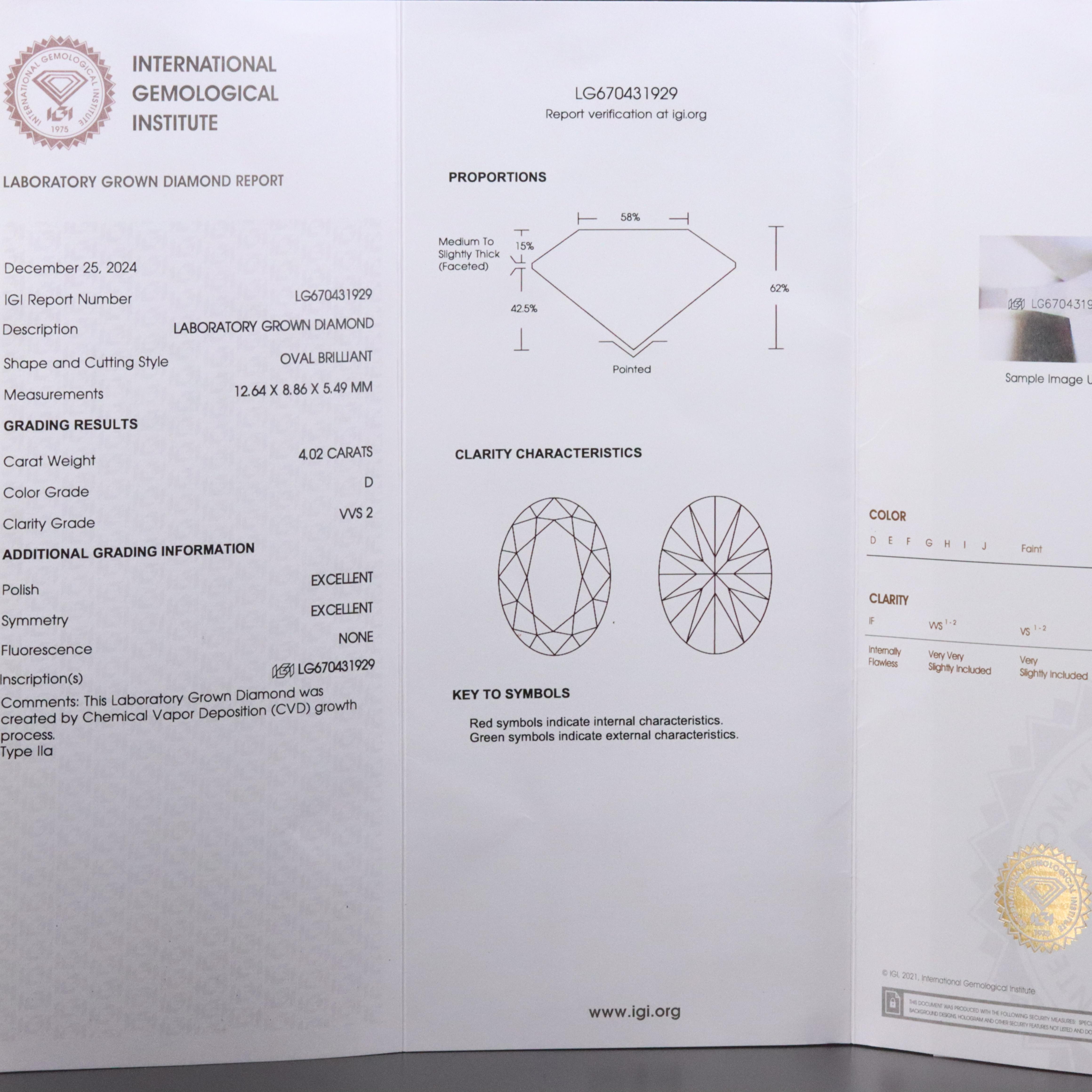 Platinum 4.02 CT Lab Grown Diamond Solitaire Ring with IGI Report