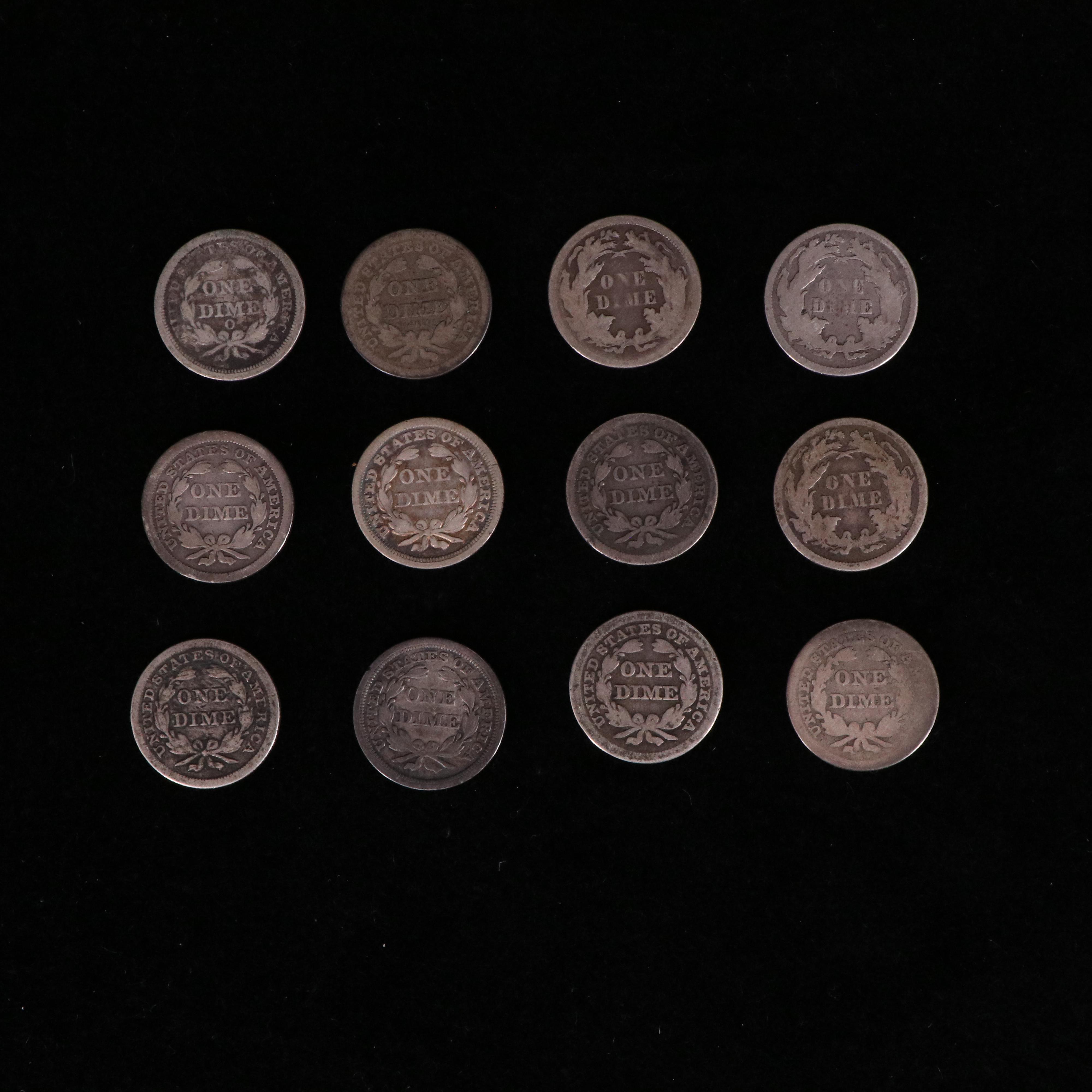 Collection of Twelve Different Seated Liberty Dimes