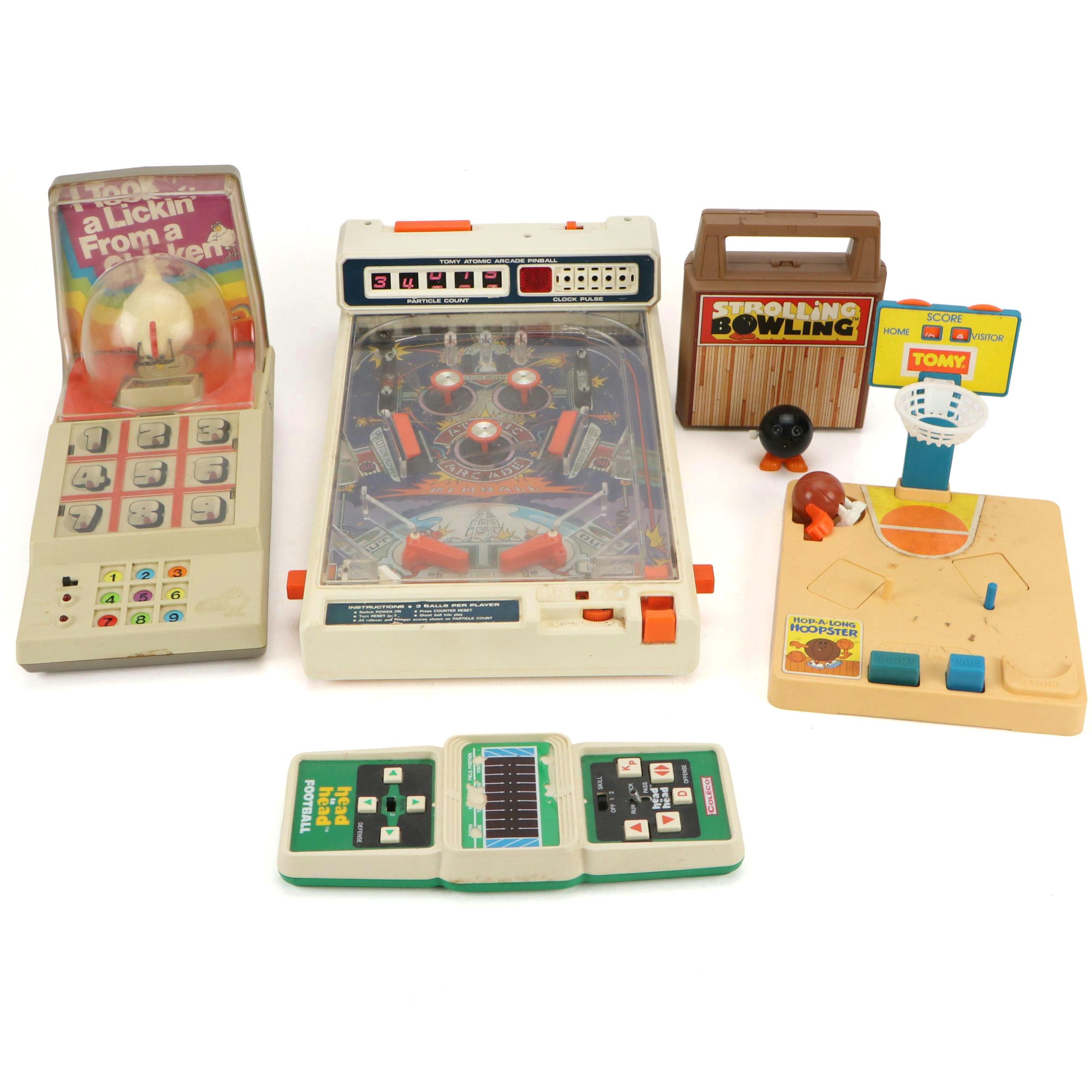 Tomy Atomic Arcade Pinball, Hop-A-Long Hoopster and Other Games, Late 20th C.