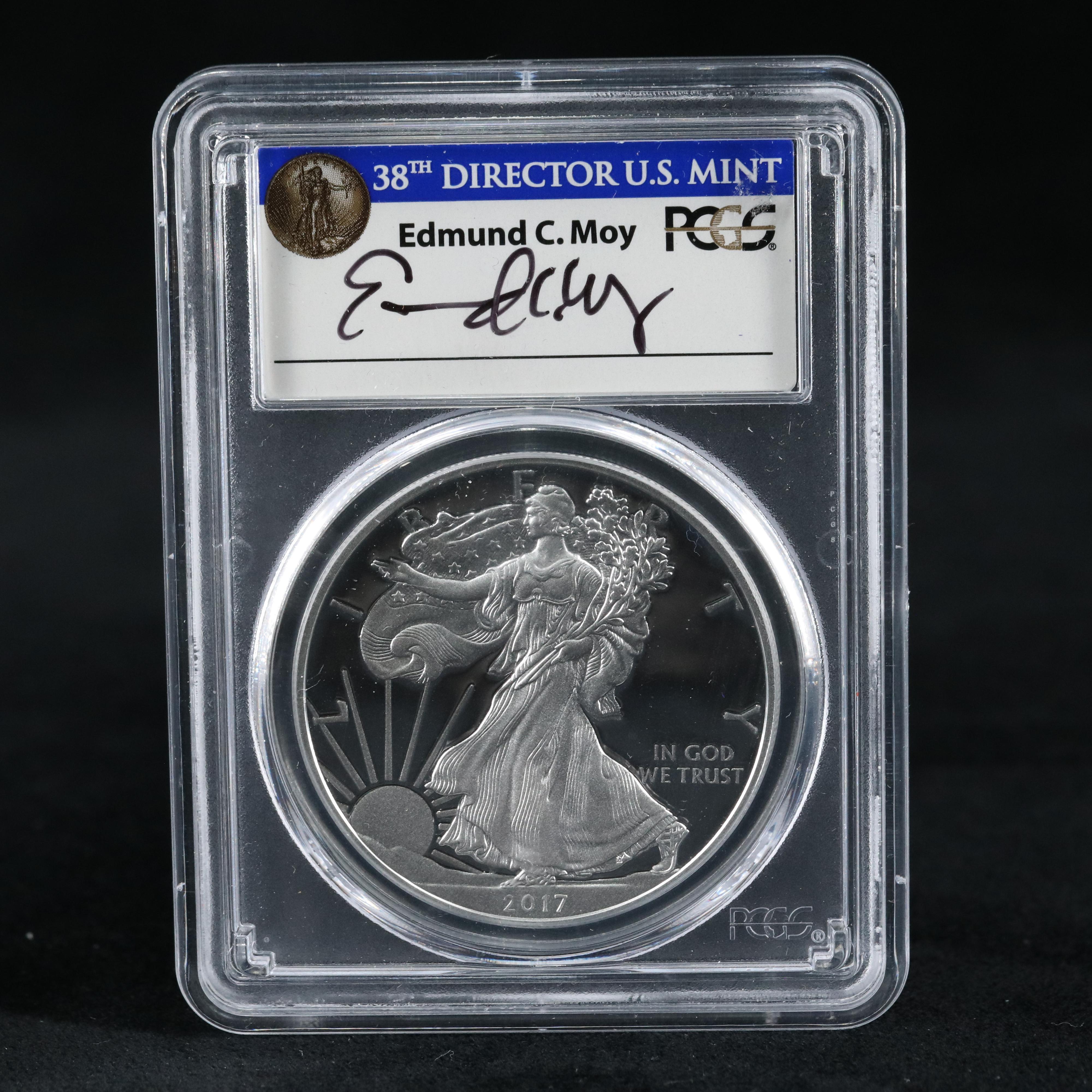 PCGS PR70 DCAM 2017-W $1 U.S. Silver Eagle Proof Coin Signed by Moy