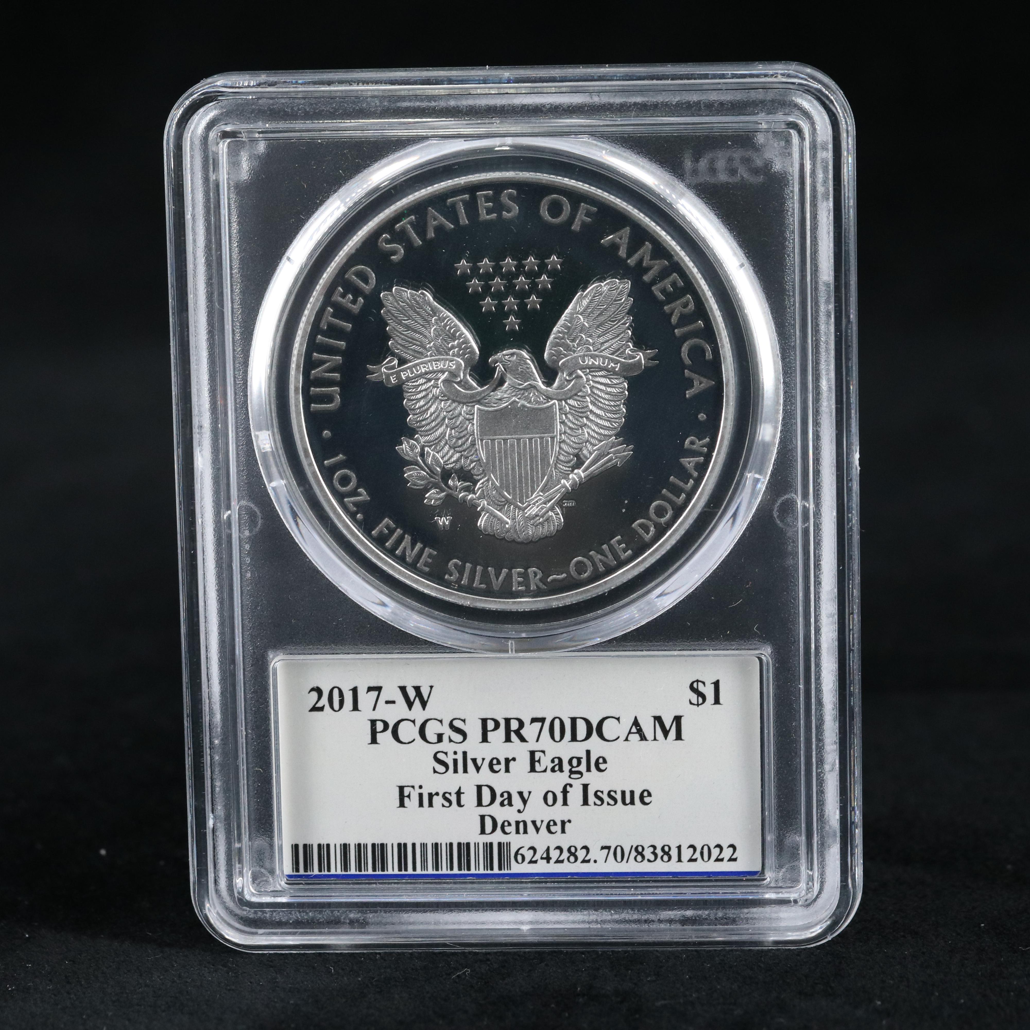 PCGS PR70 DCAM 2017-W $1 U.S. Silver Eagle Proof Coin Signed by Moy