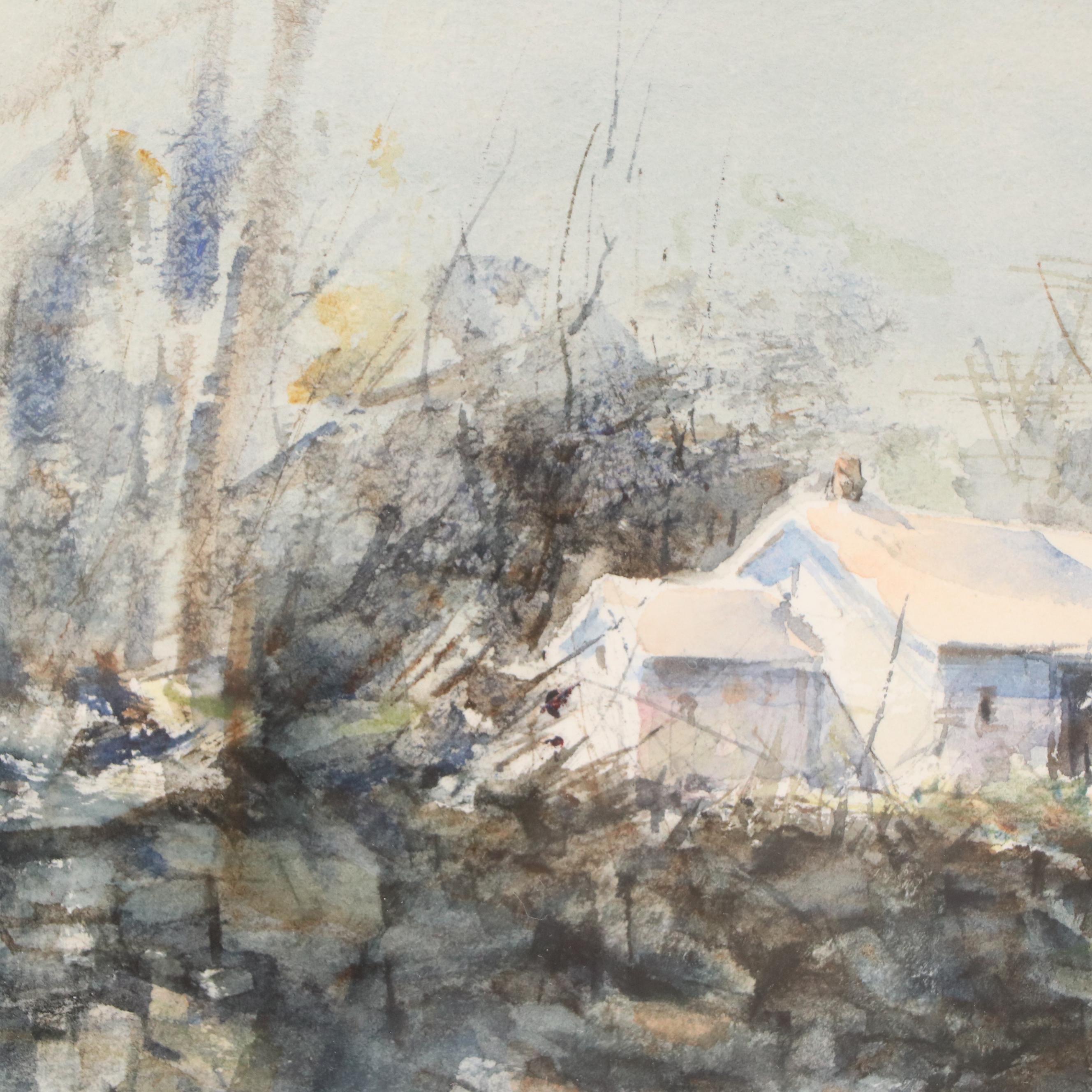 Clem Gouveia Landscape Watercolor Painting with Cottage