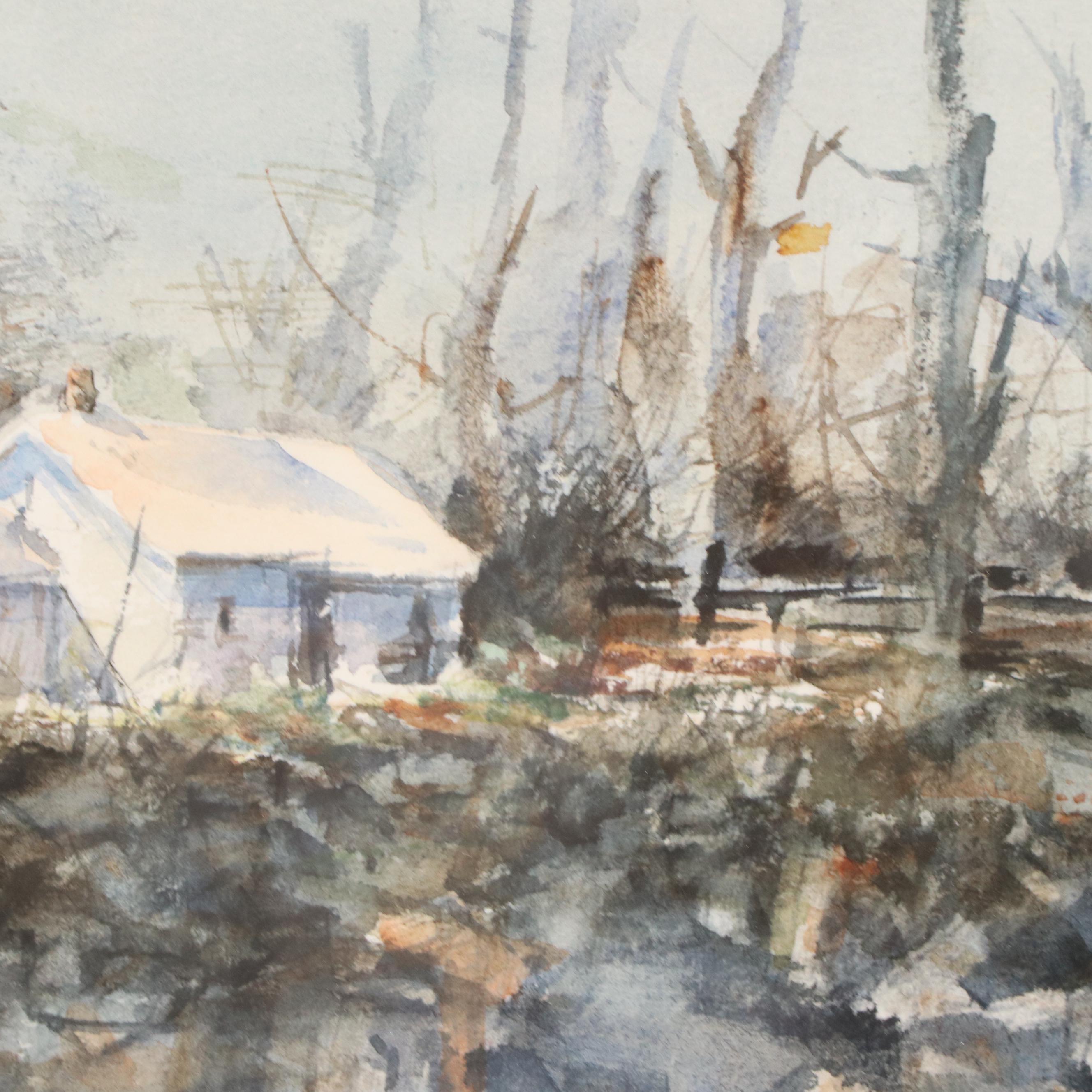 Clem Gouveia Landscape Watercolor Painting with Cottage