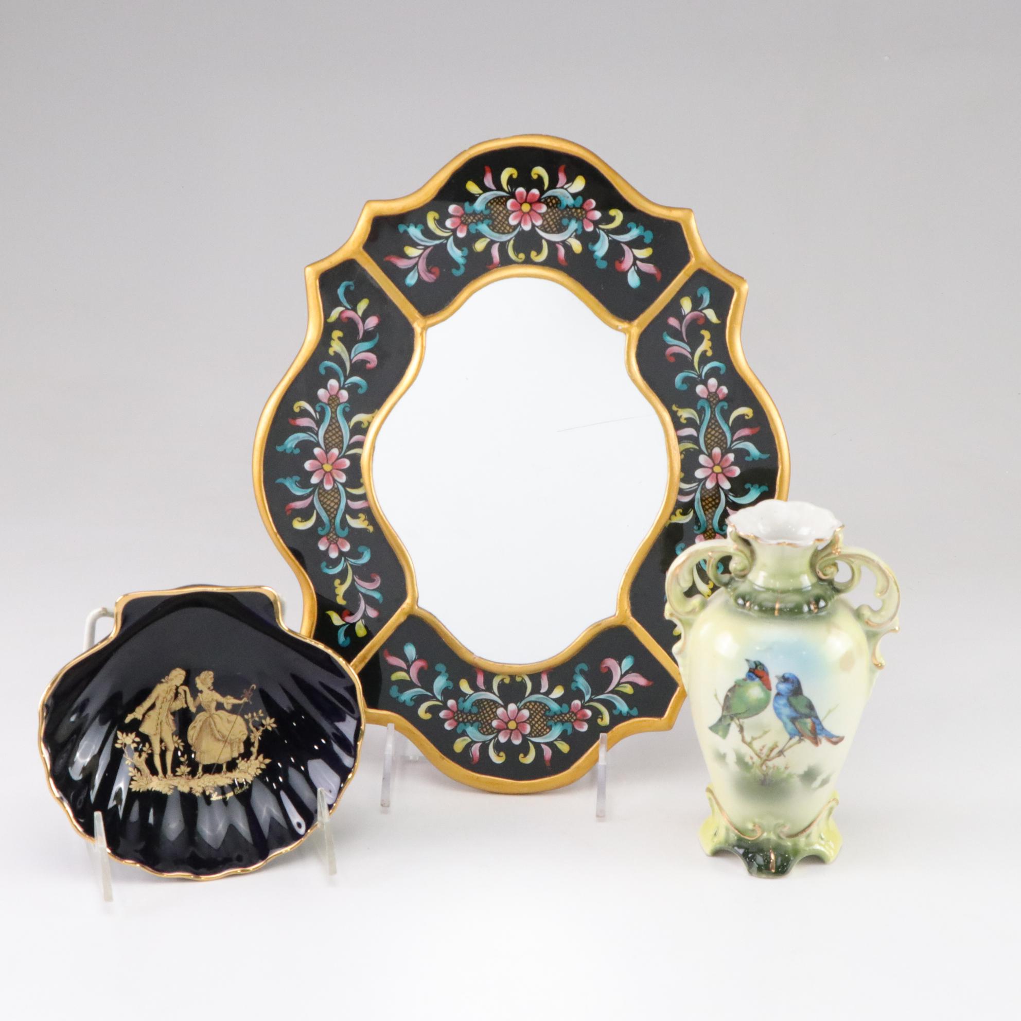 Limoges Shell Trinket Dish, Peruvian Hand-Painted Mirror & Czech Vase, 20th C.