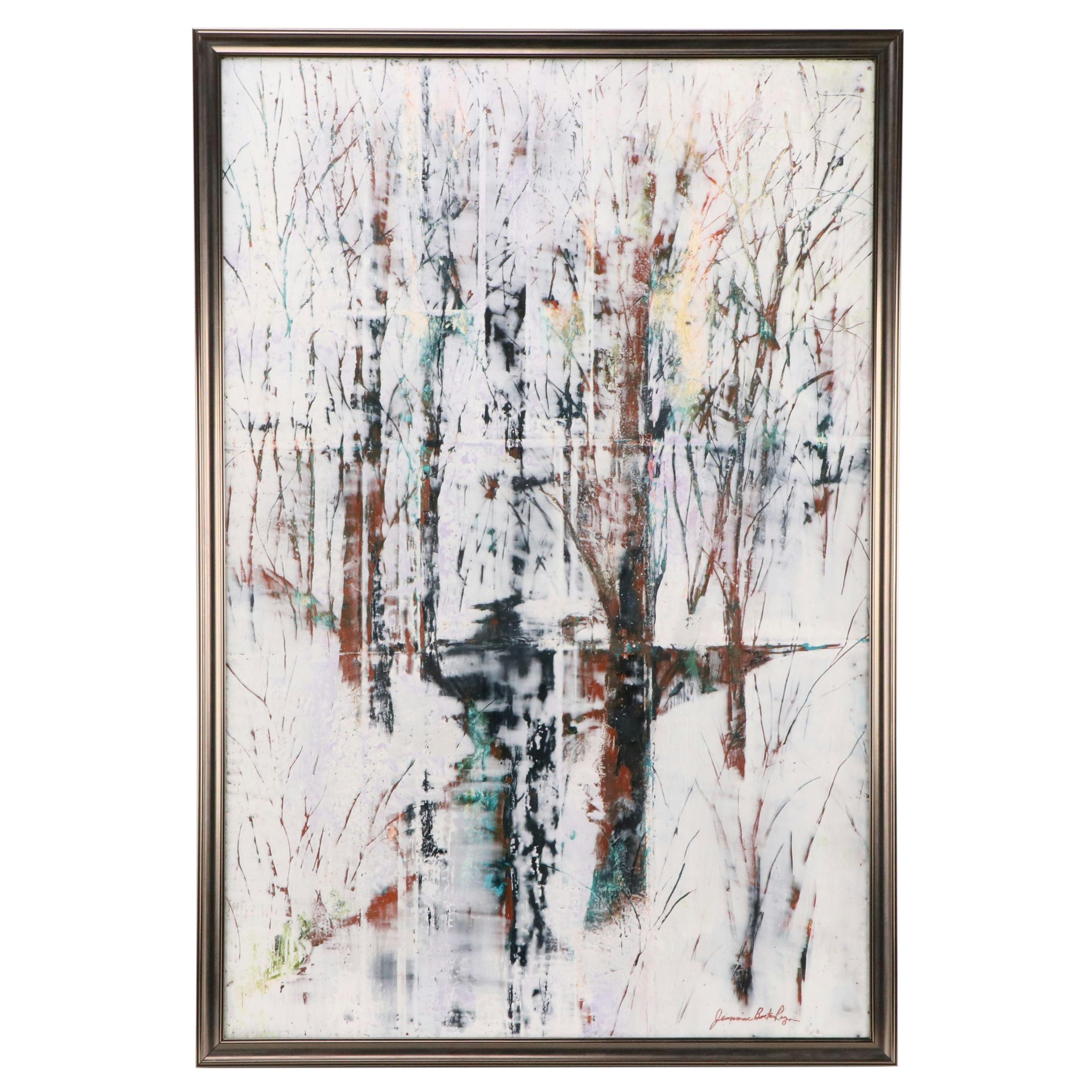 Jeanine Barton Regan Encaustic Painting "Snowy Forest Pond," 2019