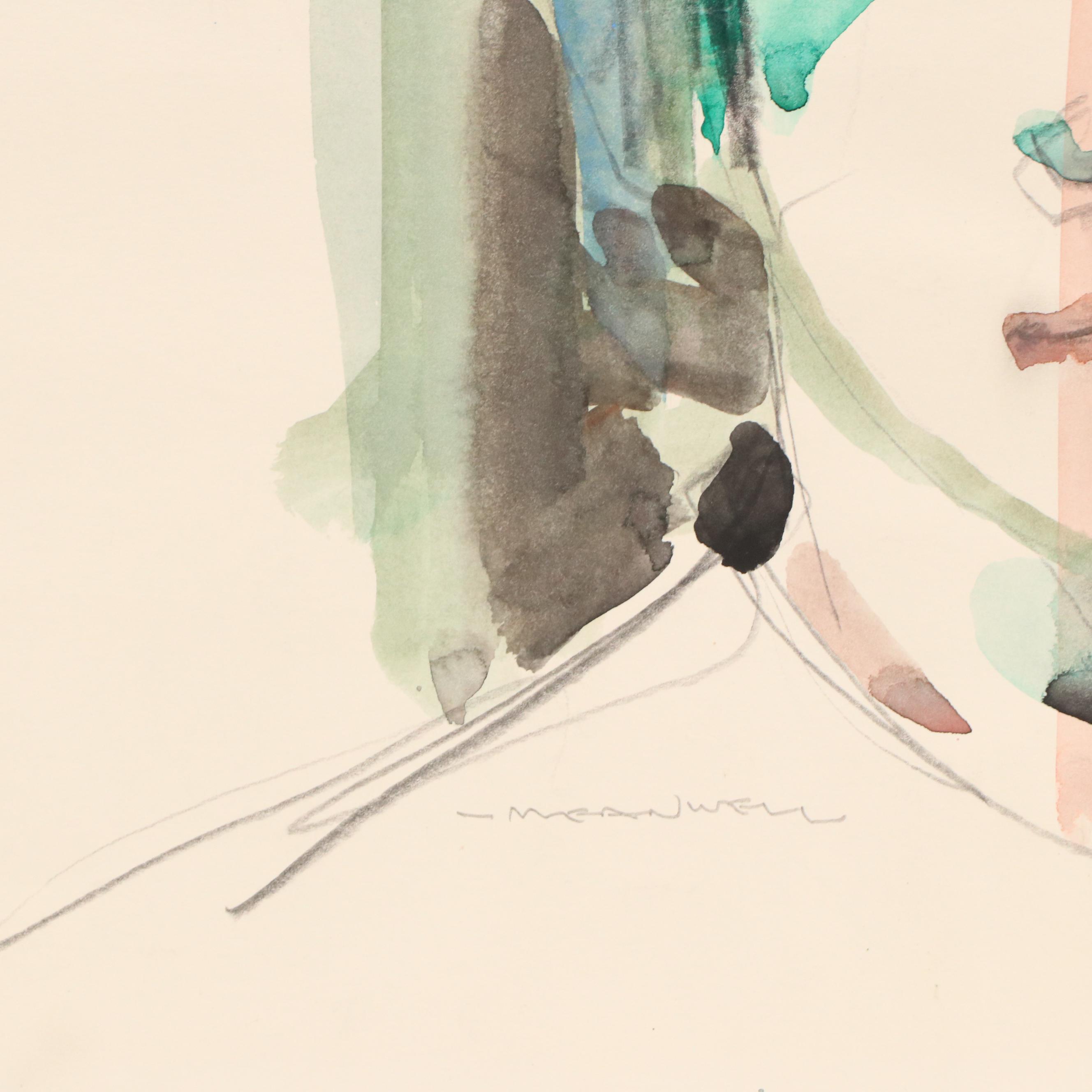 Jack Meanwell Stylized Portrait Watercolor Painting, Late 20th Century