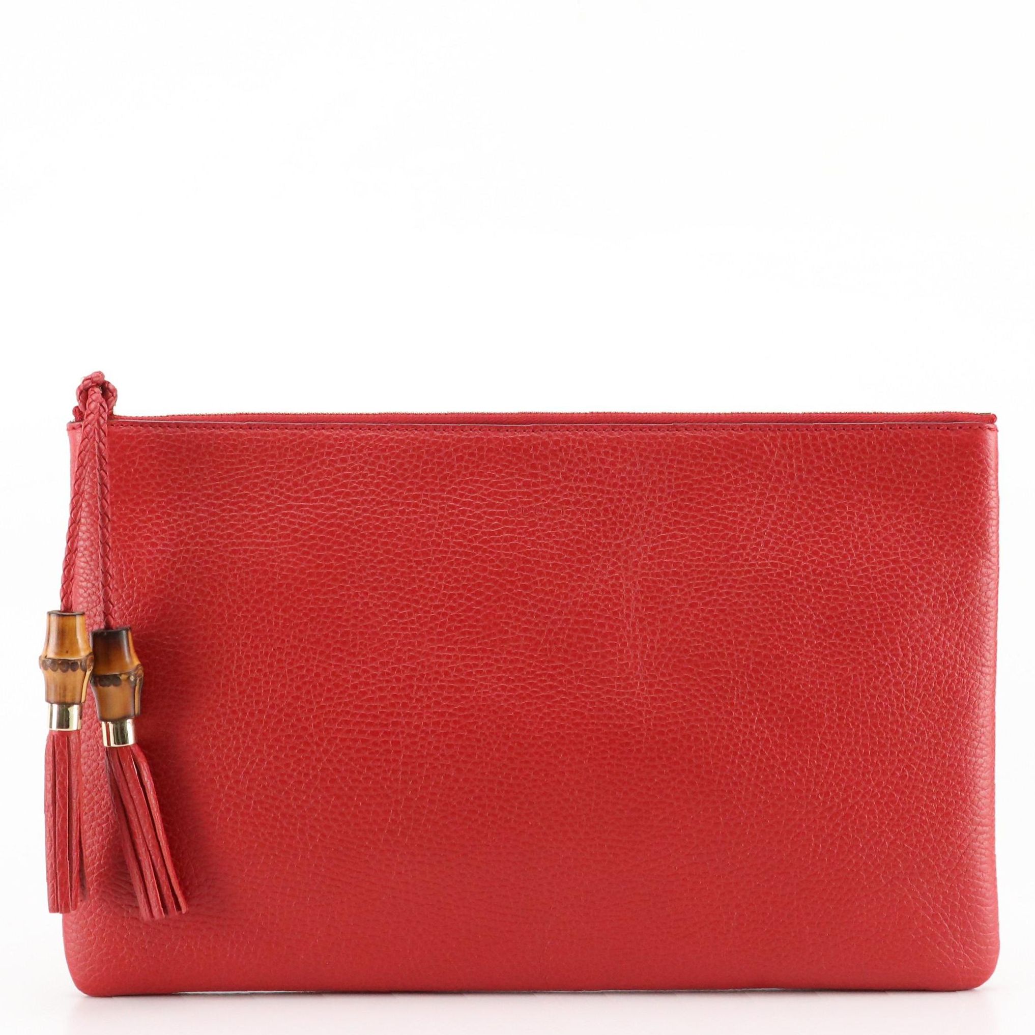 Gucci Large Red Grain Leather Bamboo Tassel Zip Clutch