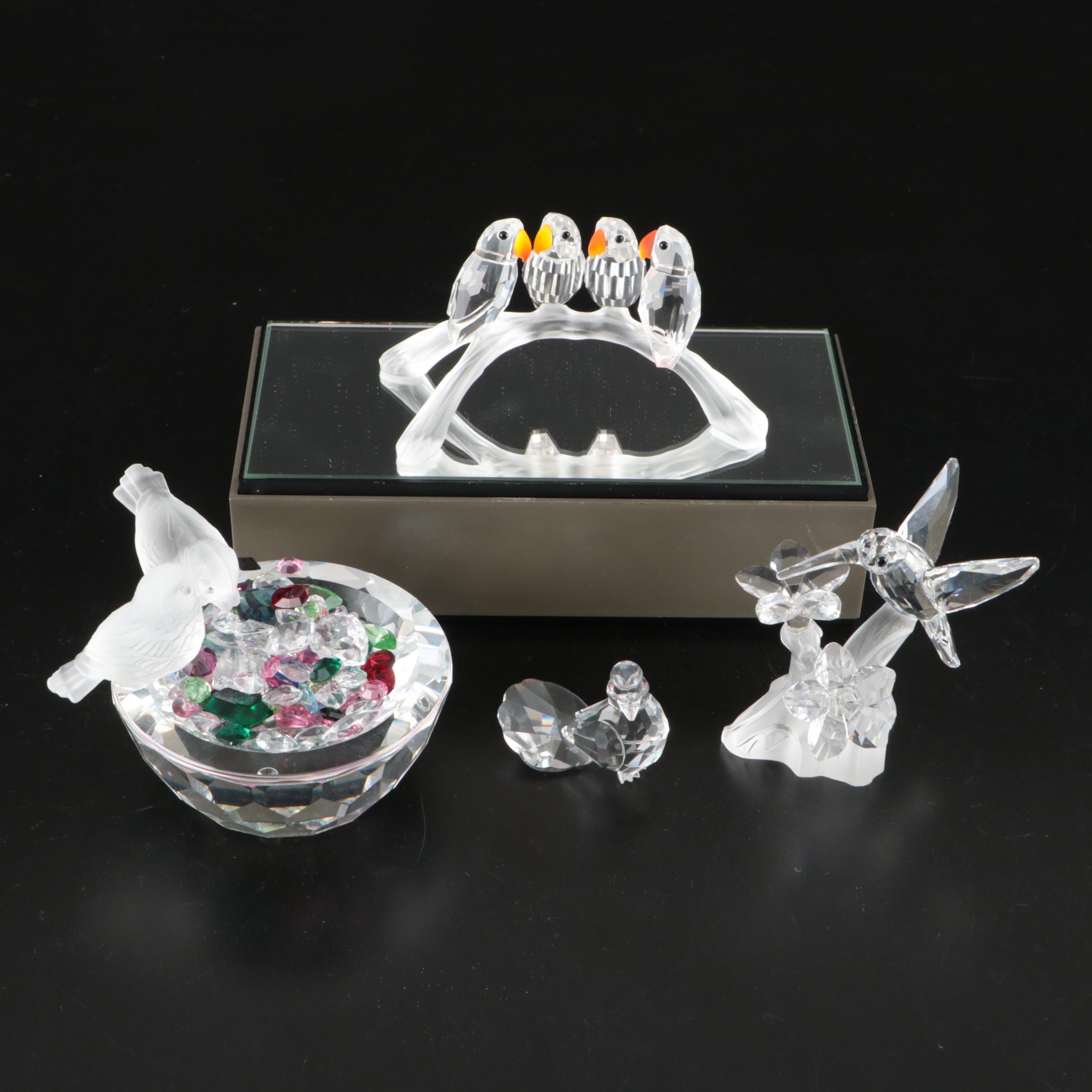 Swarovski Crystal "Baby Lovebirds" with Other Bird Figurines and Mirrored Stand